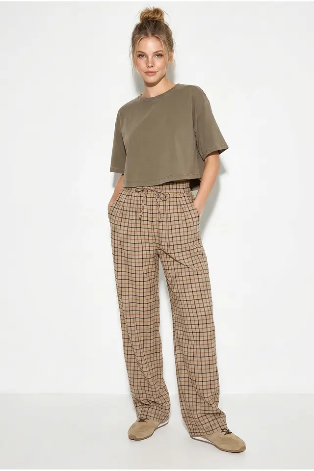 LUCCI Women's Plaid Wide-Leg Trousers