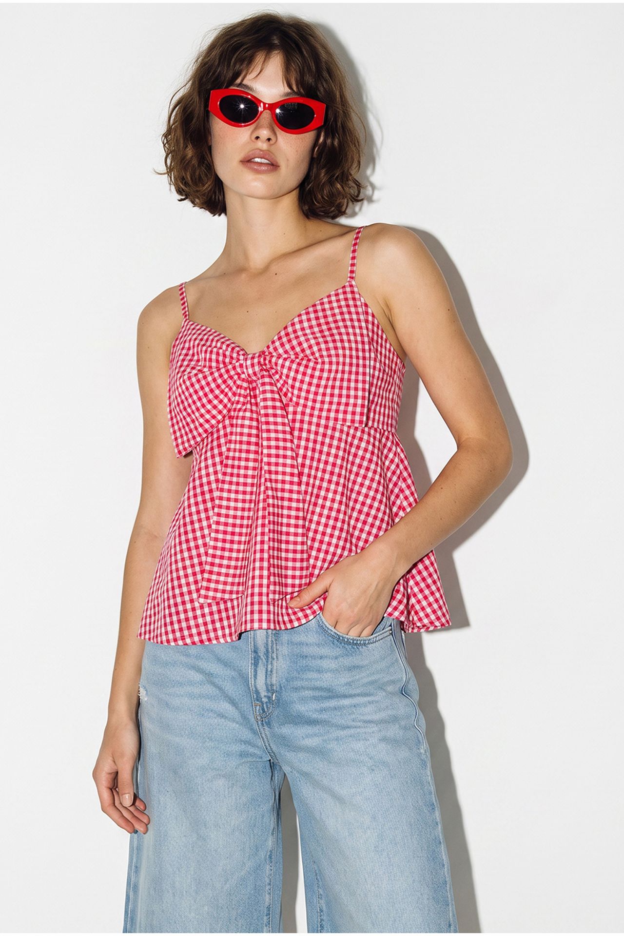 LUCCI Cotton-Blend V-Neck Cami Blouse With Bow Detail 2
