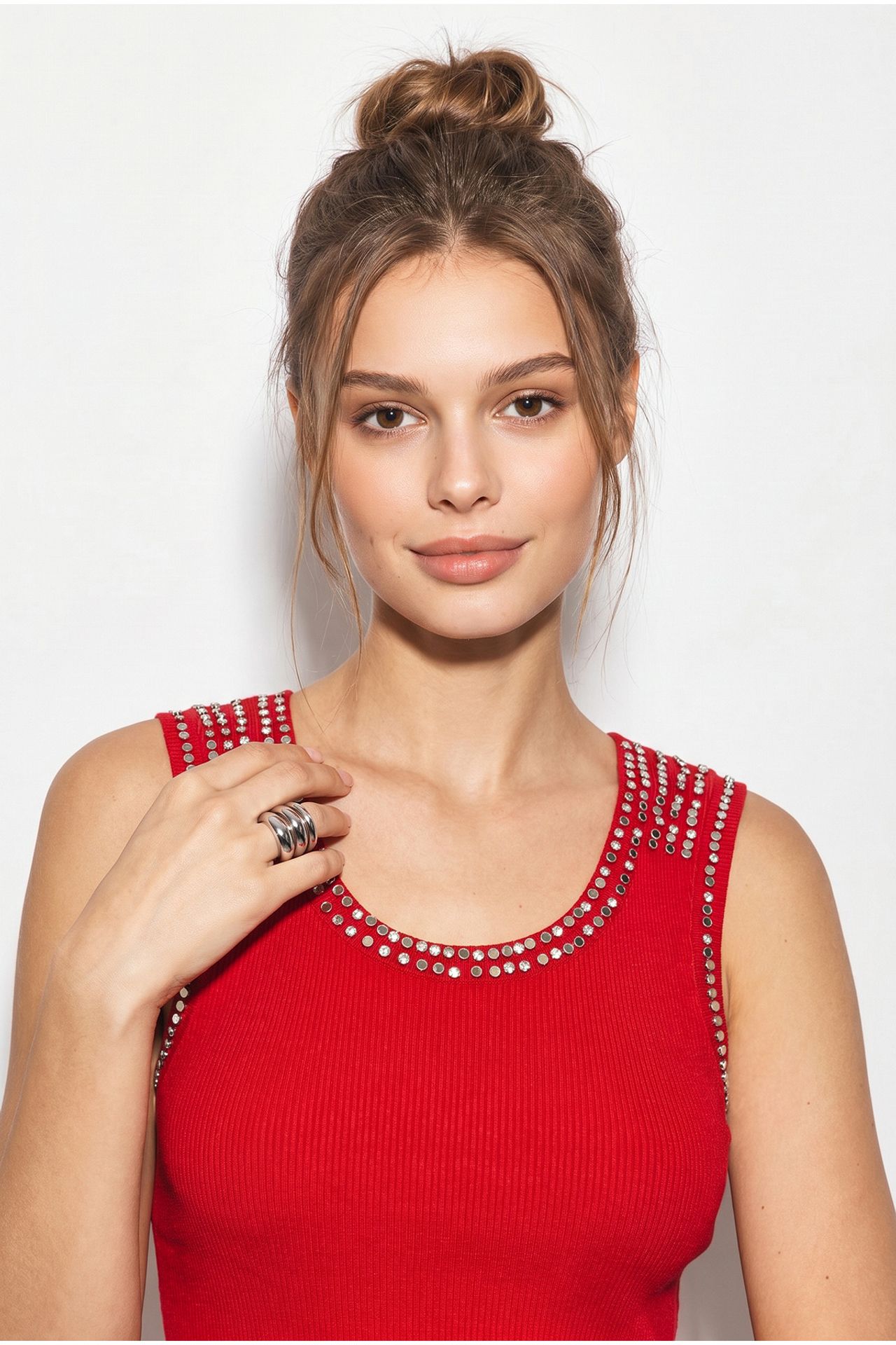 LUCCI Ribbed Sleeveless Crew Neck Blouse with Stone Accessory 5
