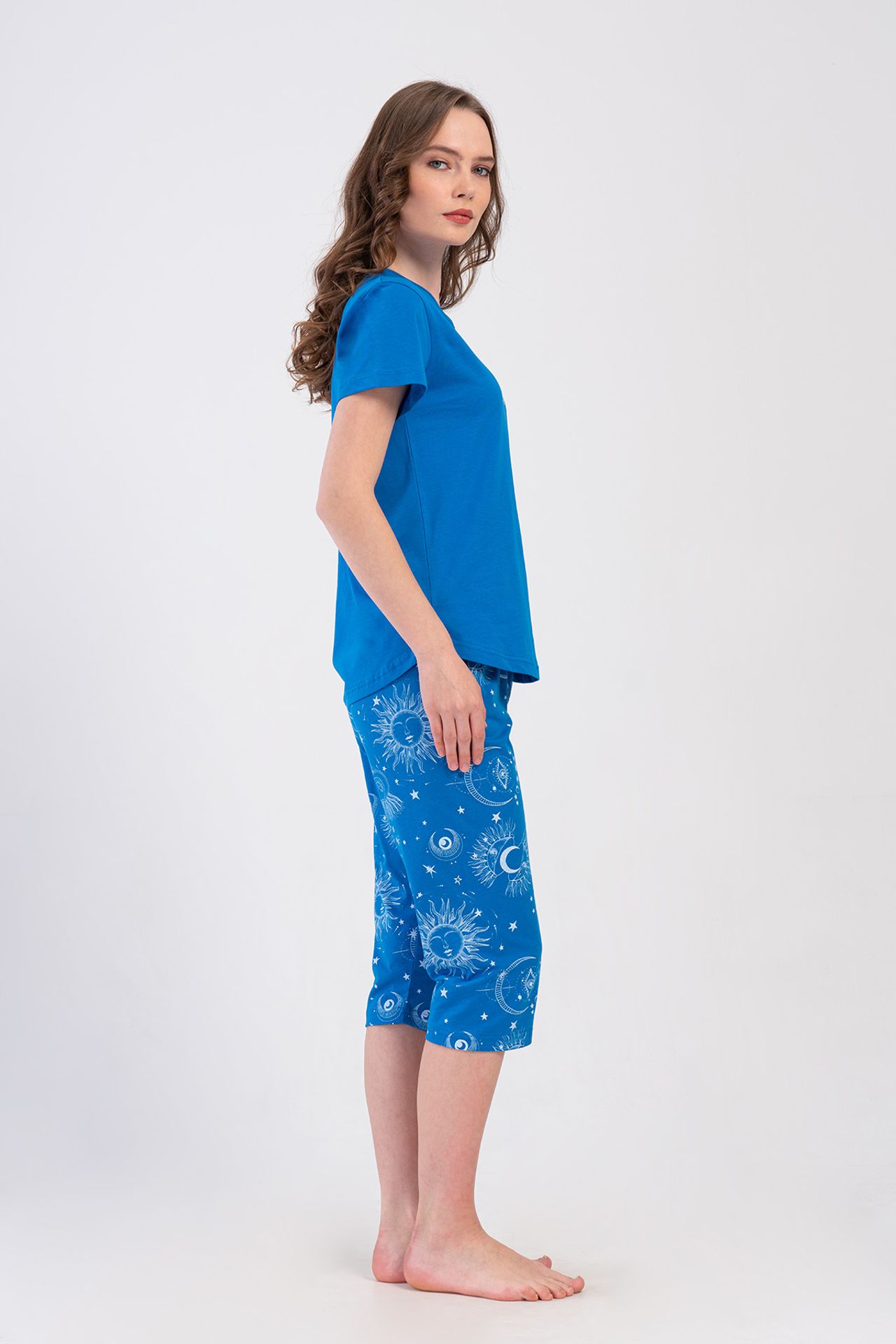 YAKE Baskılı Bisiklet Yaka 2 Parça Pijama Takımı 3