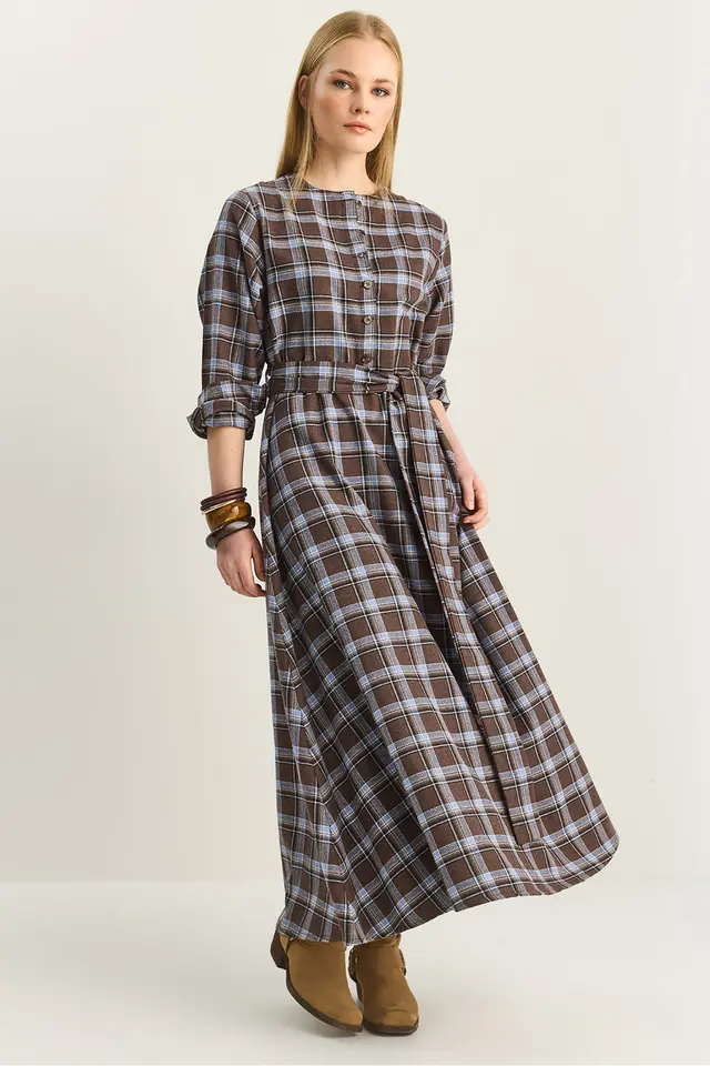 LUCCI Plaid Midi Dress with Belt
