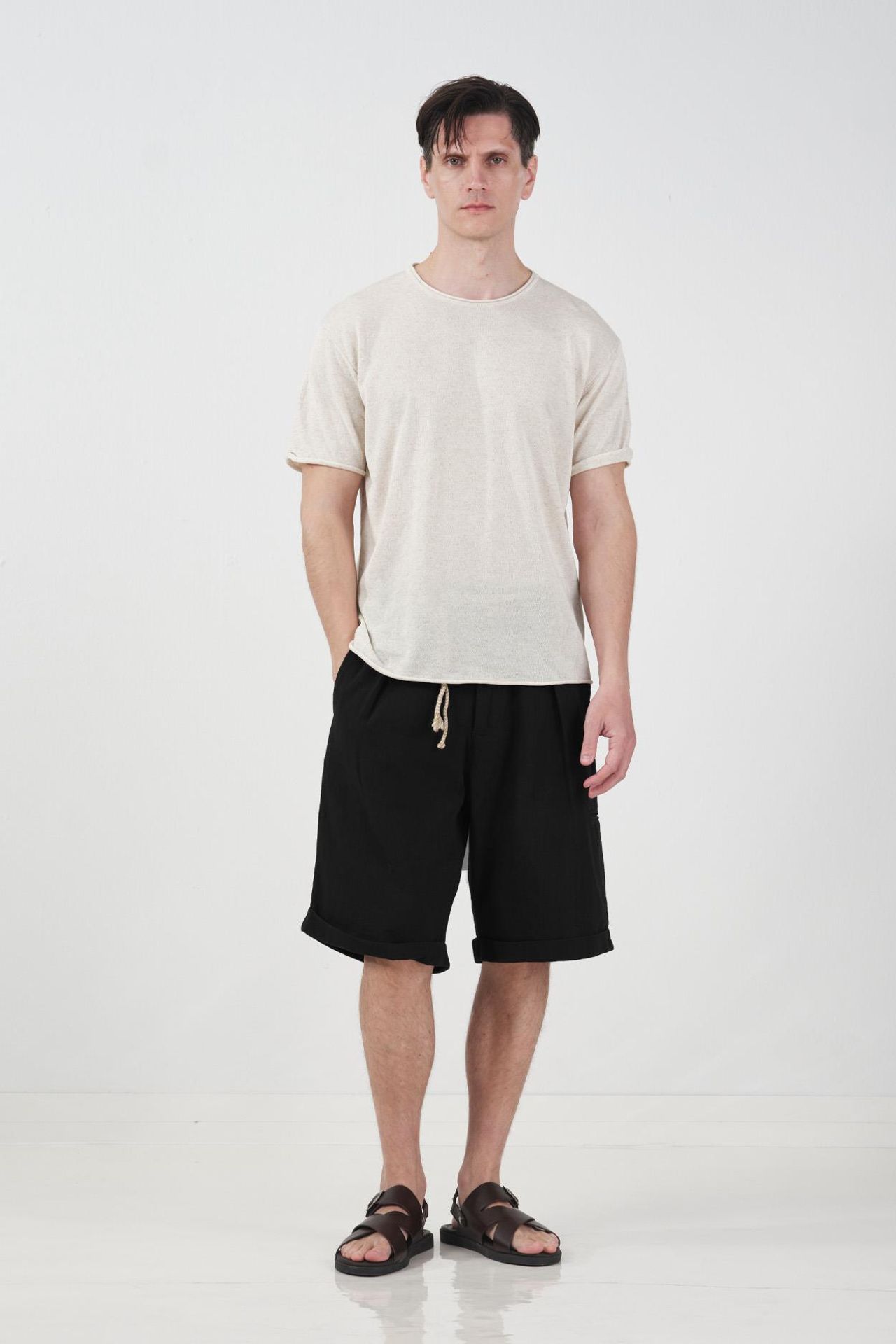 GIESTO Mid Waist Belted Cotton Shorts 1