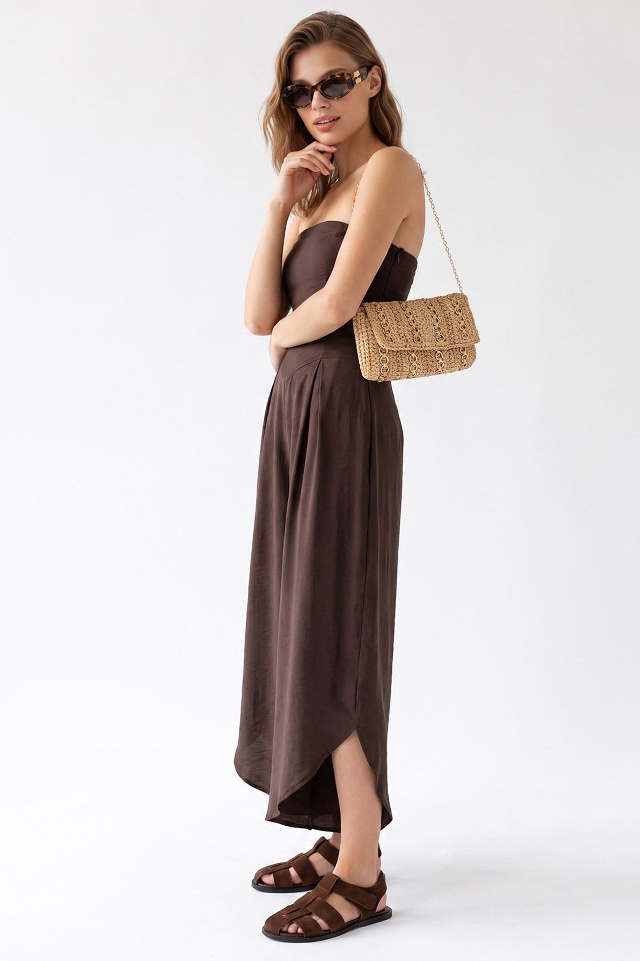 MIXRAY Strapless Wide-Leg Jumpsuit With Slit 4