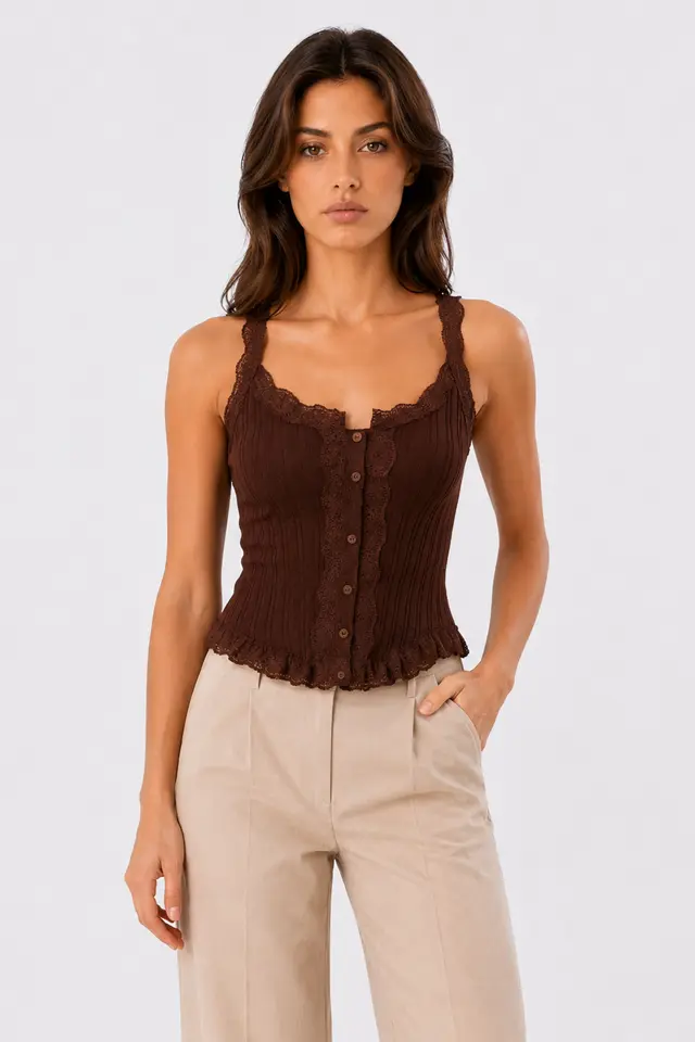MIXRAY Fitted sleeveless lace ribbed blouse with buttons