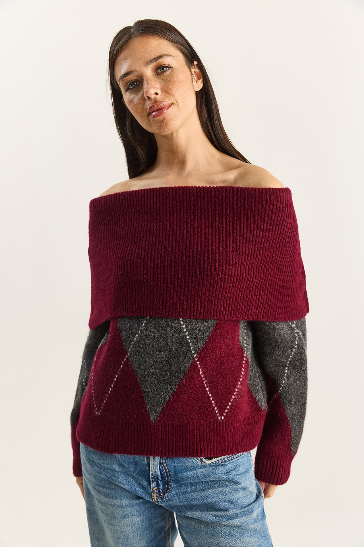 LUCCI Madonna Collar Knitted Sweater with Baklava Pattern 4