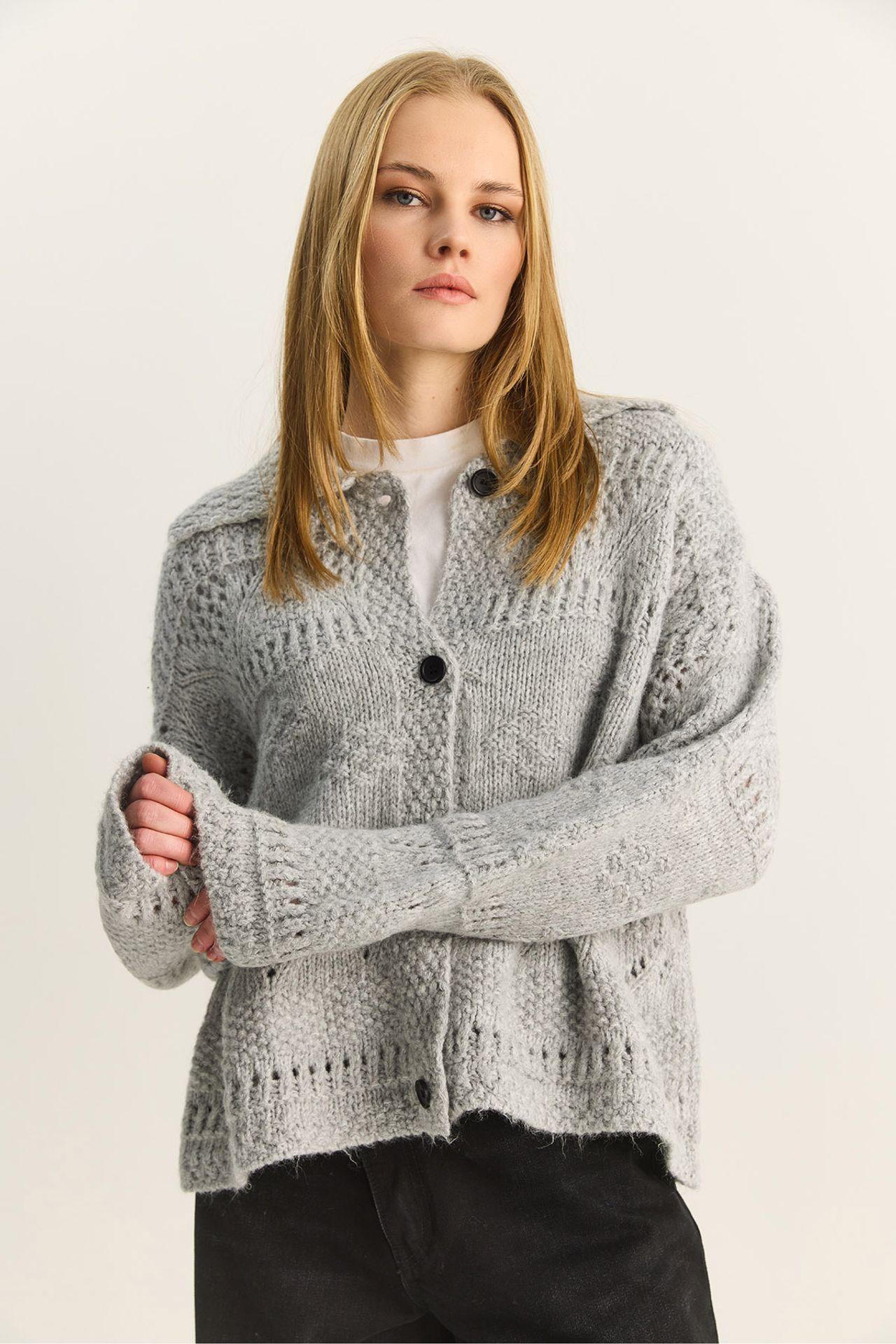 LUCCI Textured Polo Collar Button Cardigan 4