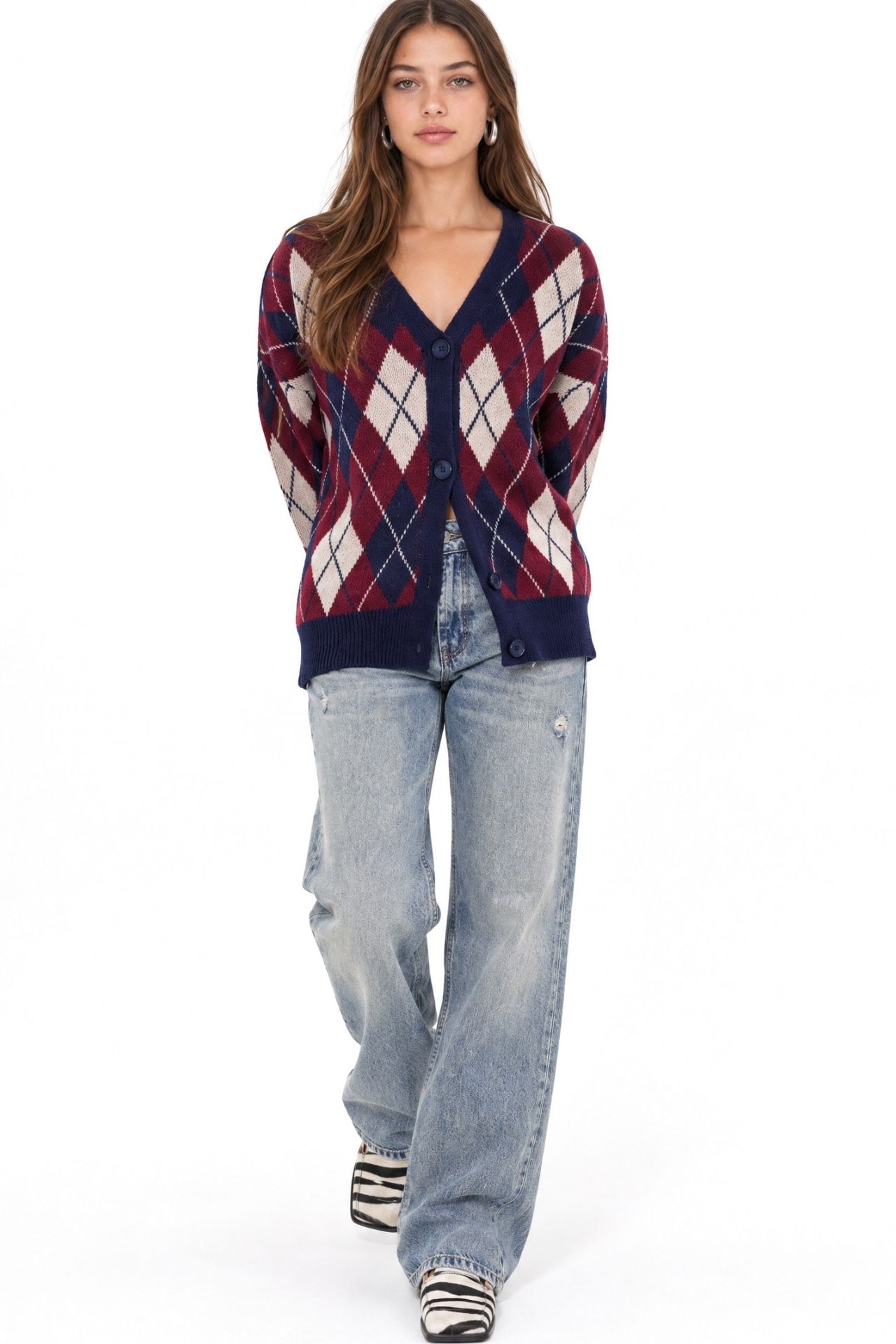 Mixray Oversize Argyle V-Neck Buttoned Cardigan 3