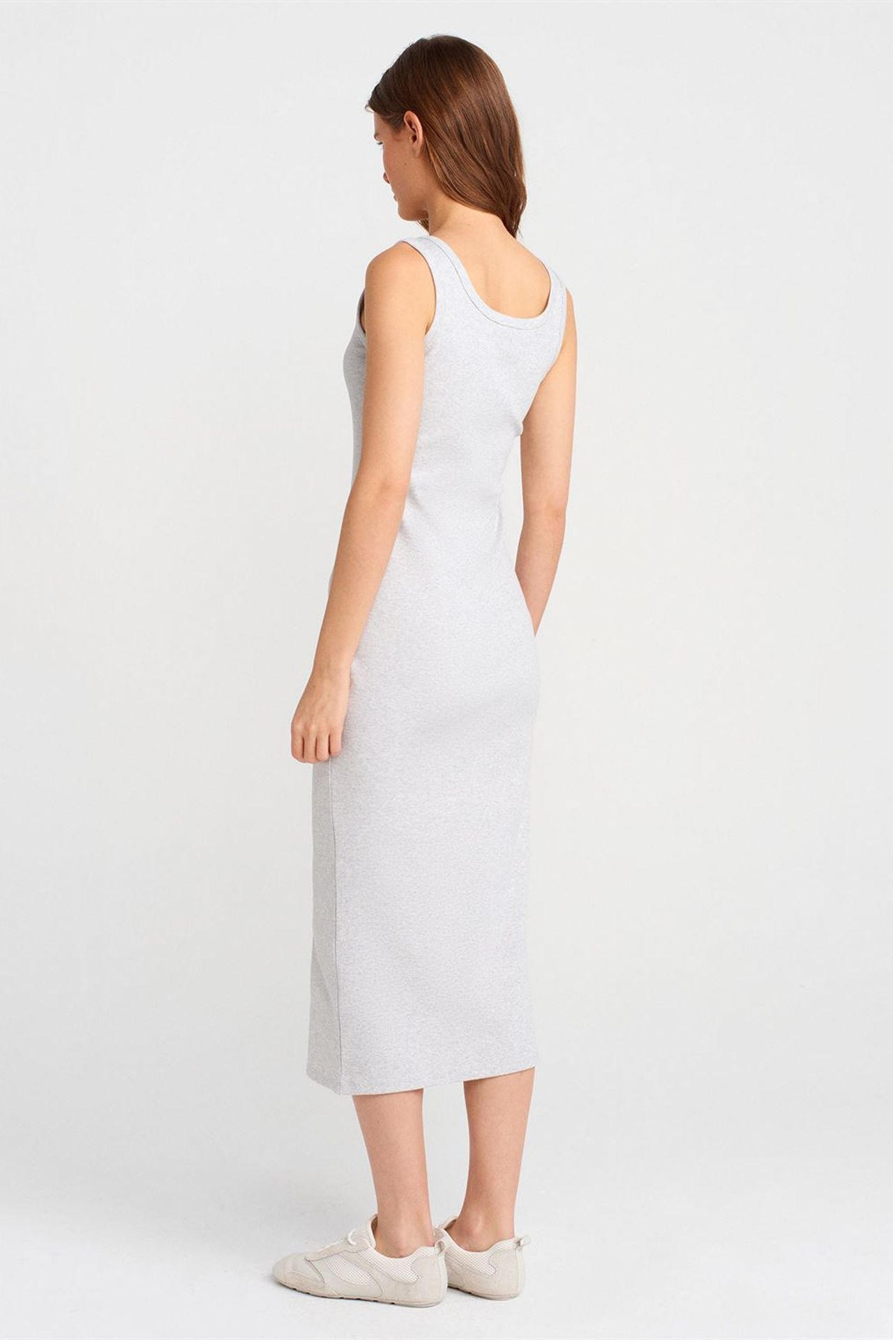 DILVIN Düğmeli Nervürlü Midi Bodycon Elbise 2