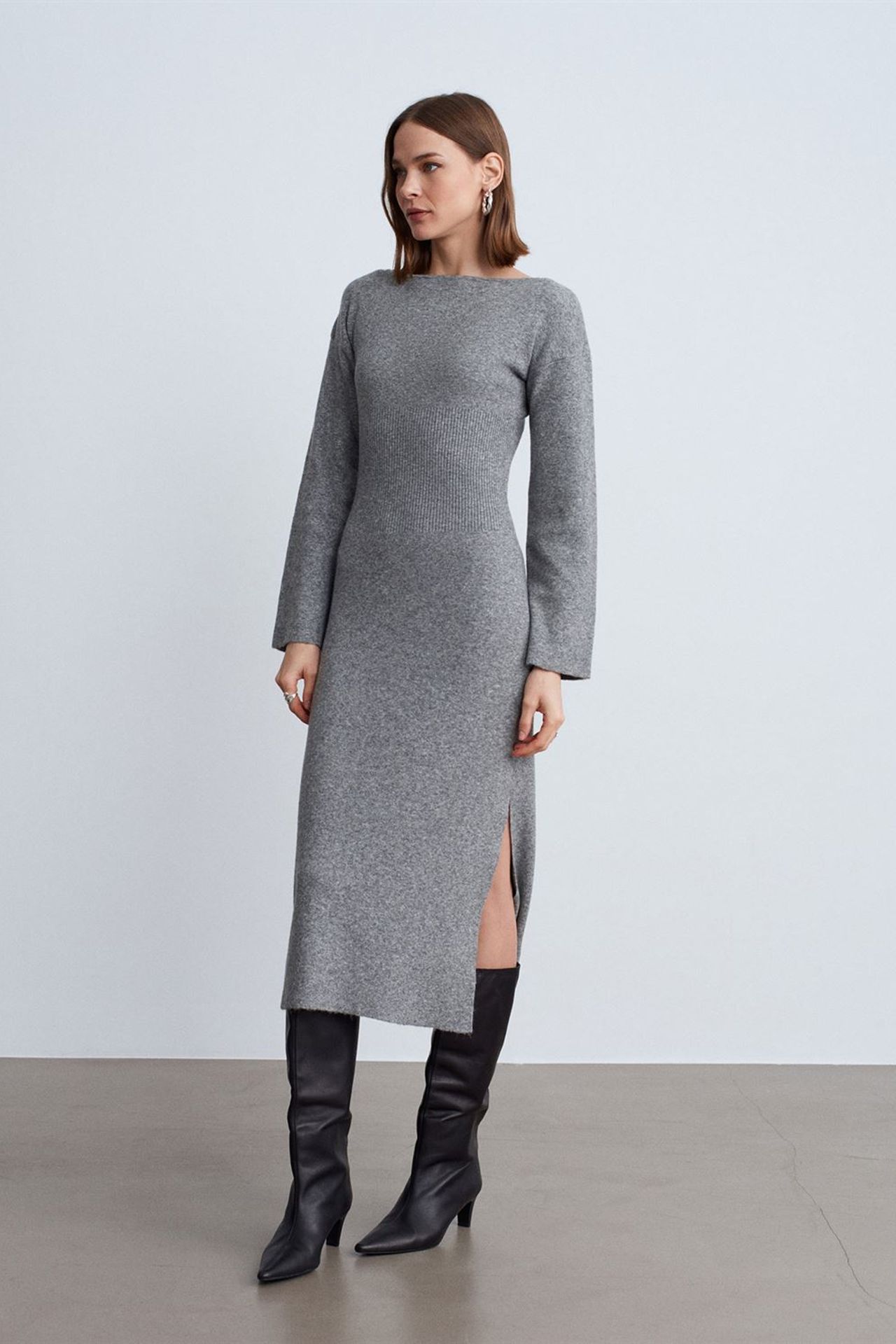 DILVIN Ribbed Bodycon Midi Dress With Slit 1
