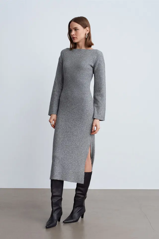 DILVIN Ribbed Bodycon Midi Dress With Slit