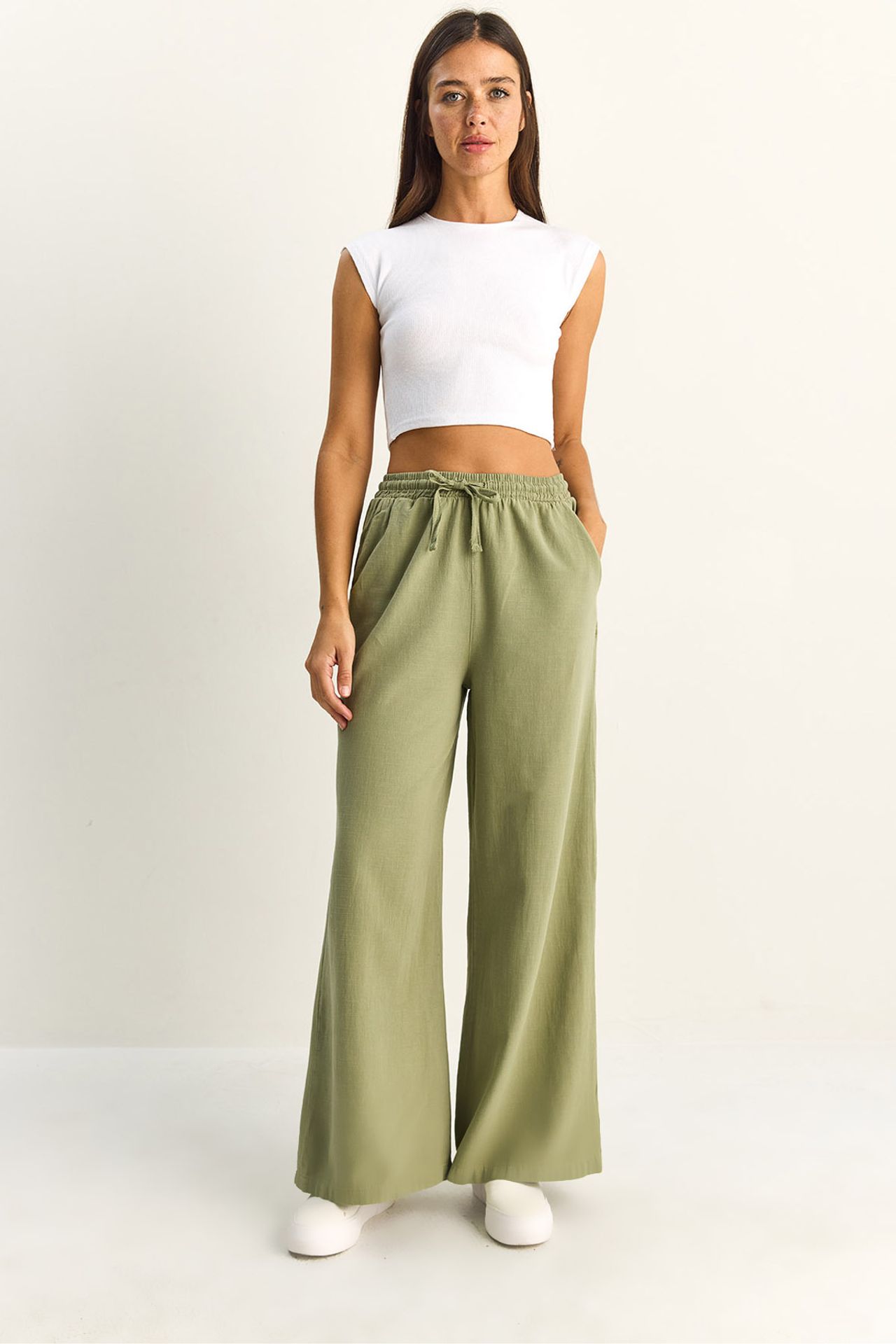 LUCCI Wide Leg Cotton Trousers with Drawstring Waist 1