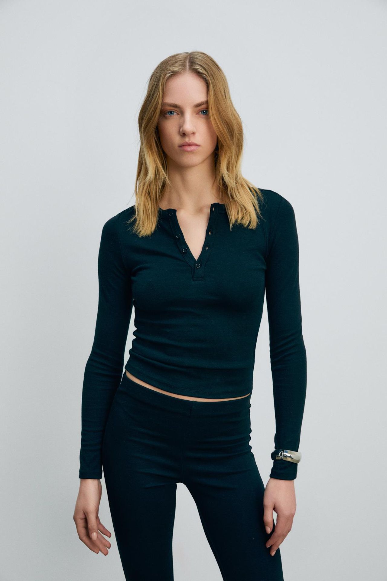 GRIMELANGE Slim Fit Crop Button Blouse 1