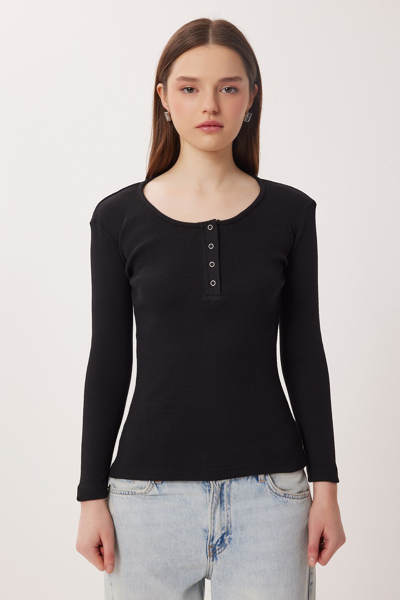 ISTANBUL Slim Fit Ribbed Button-Up Long Sleeve Blouse 4