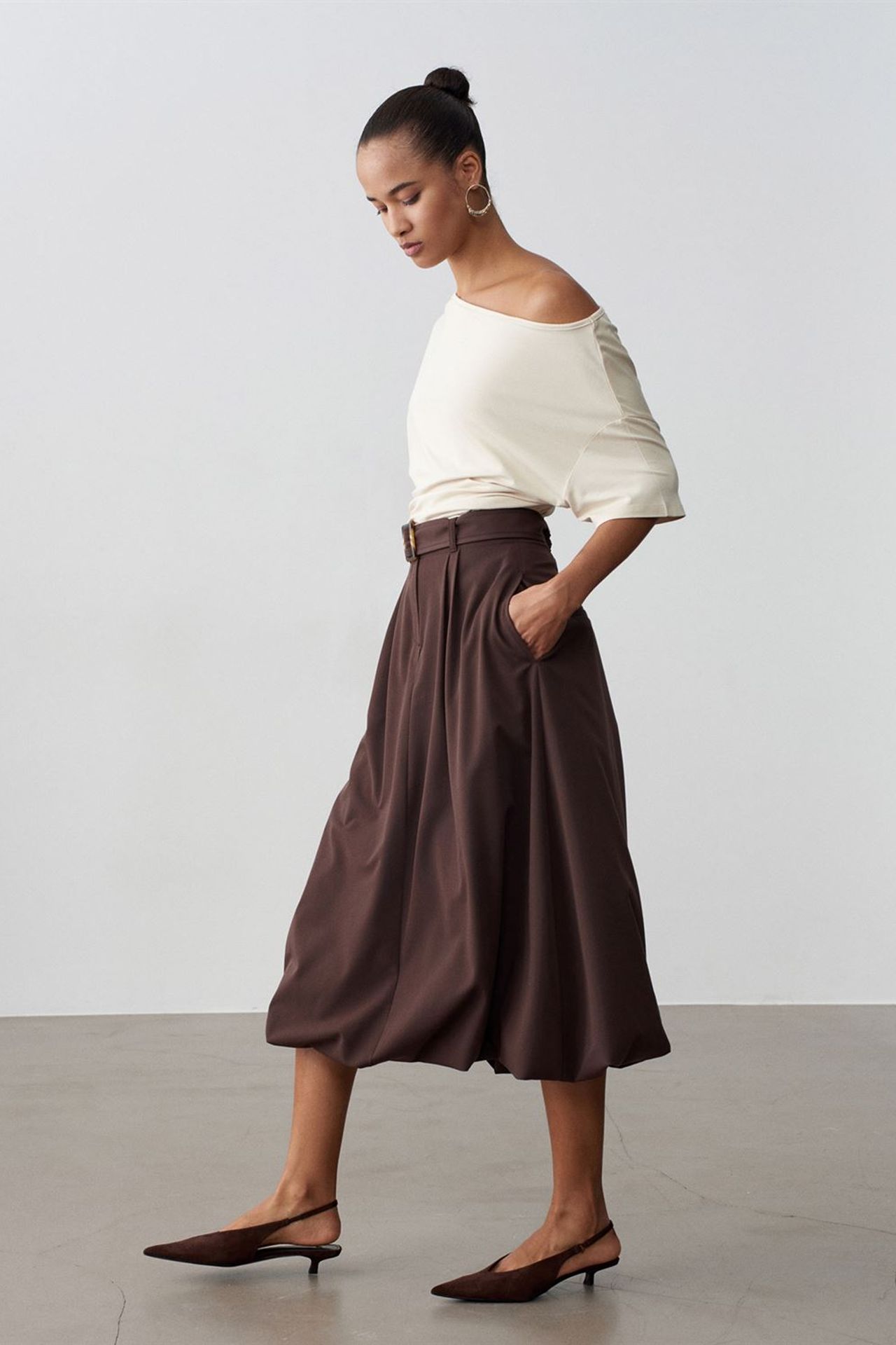 DILVIN High-waist Belted Midi Balloon Skirt 3