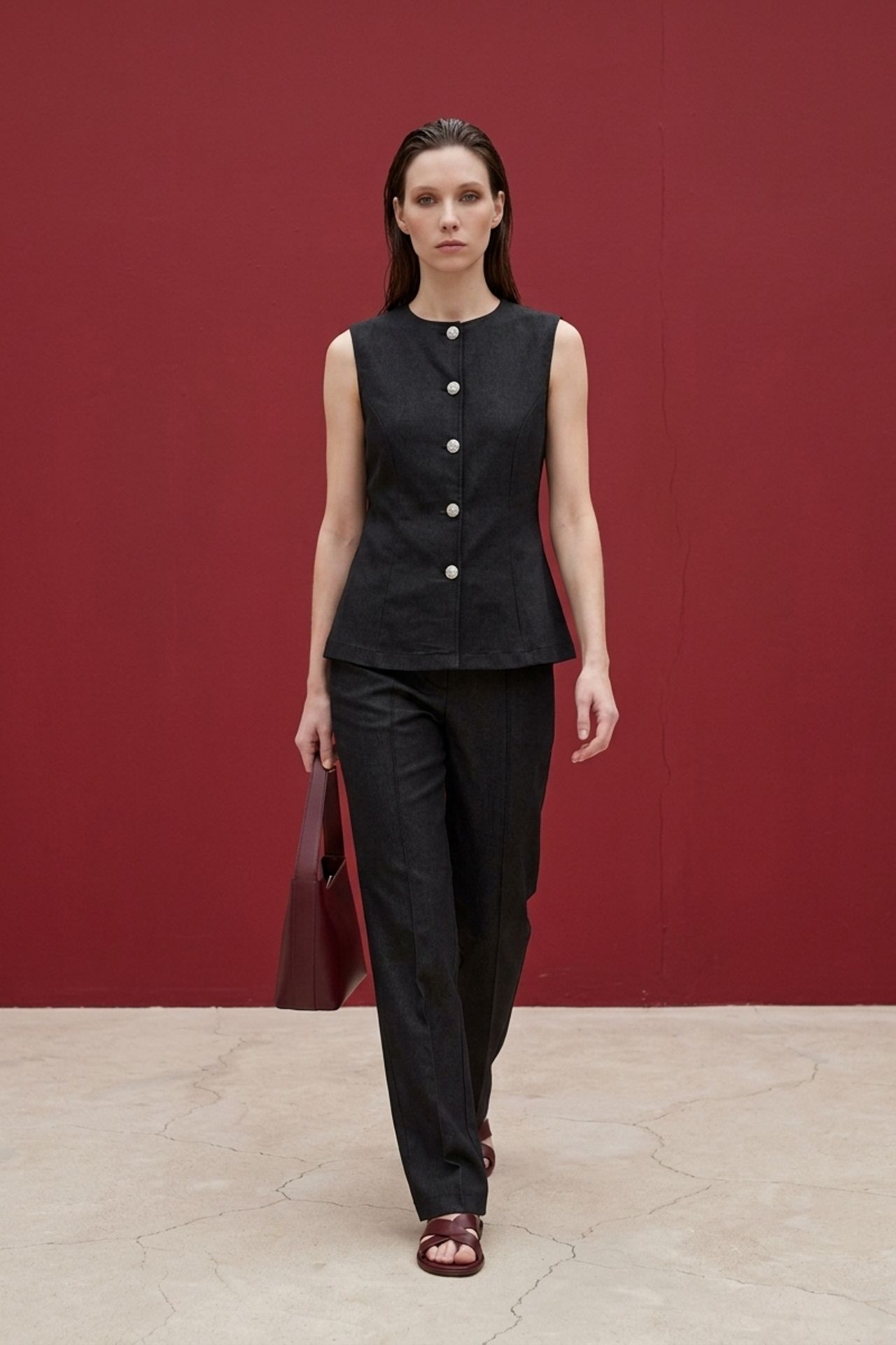 MY FASHION Cotton Poplin Vest and Wide-Leg Trouser Set 1