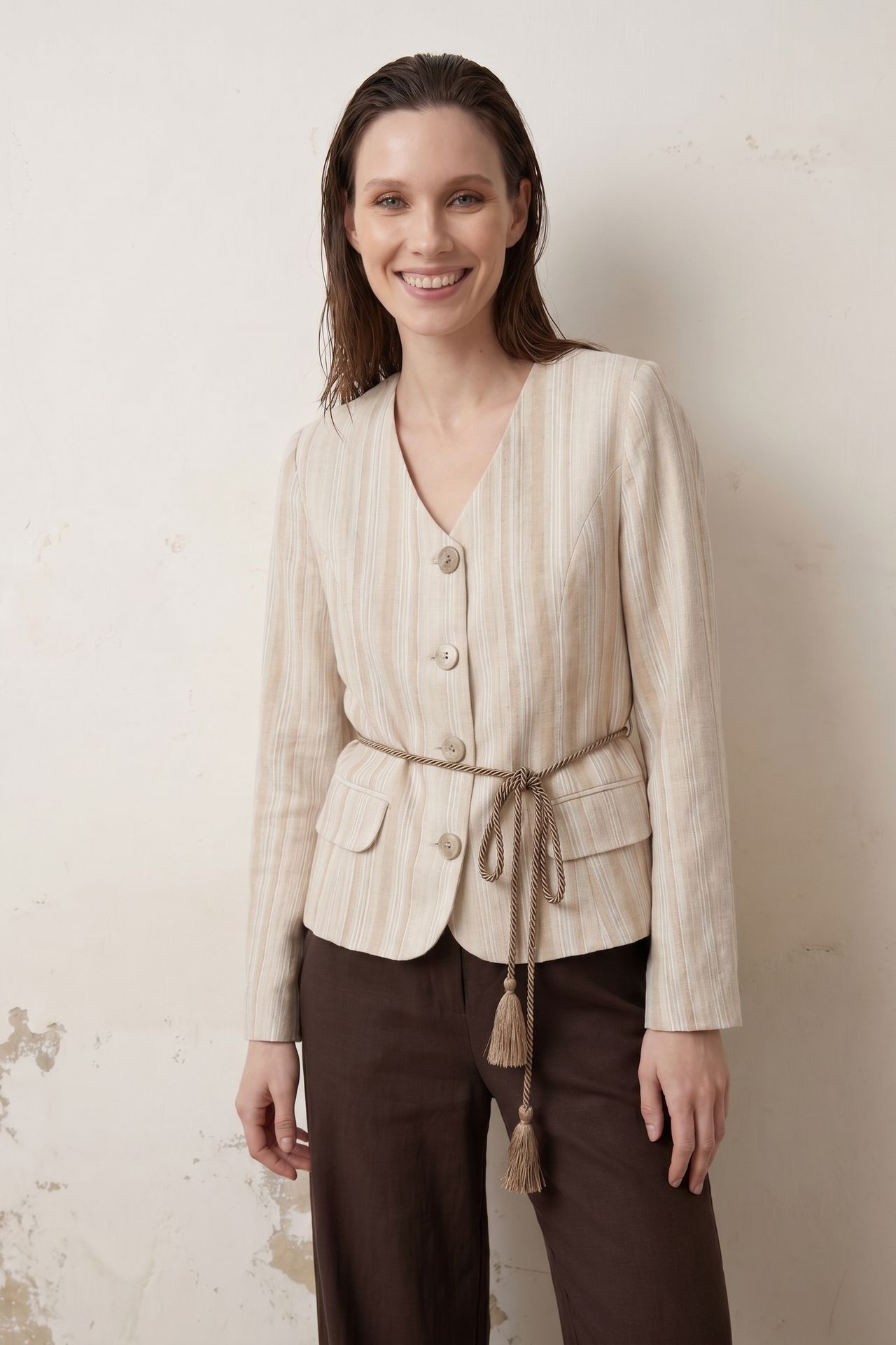 MY FASHION Striped belted poplin jacket 5