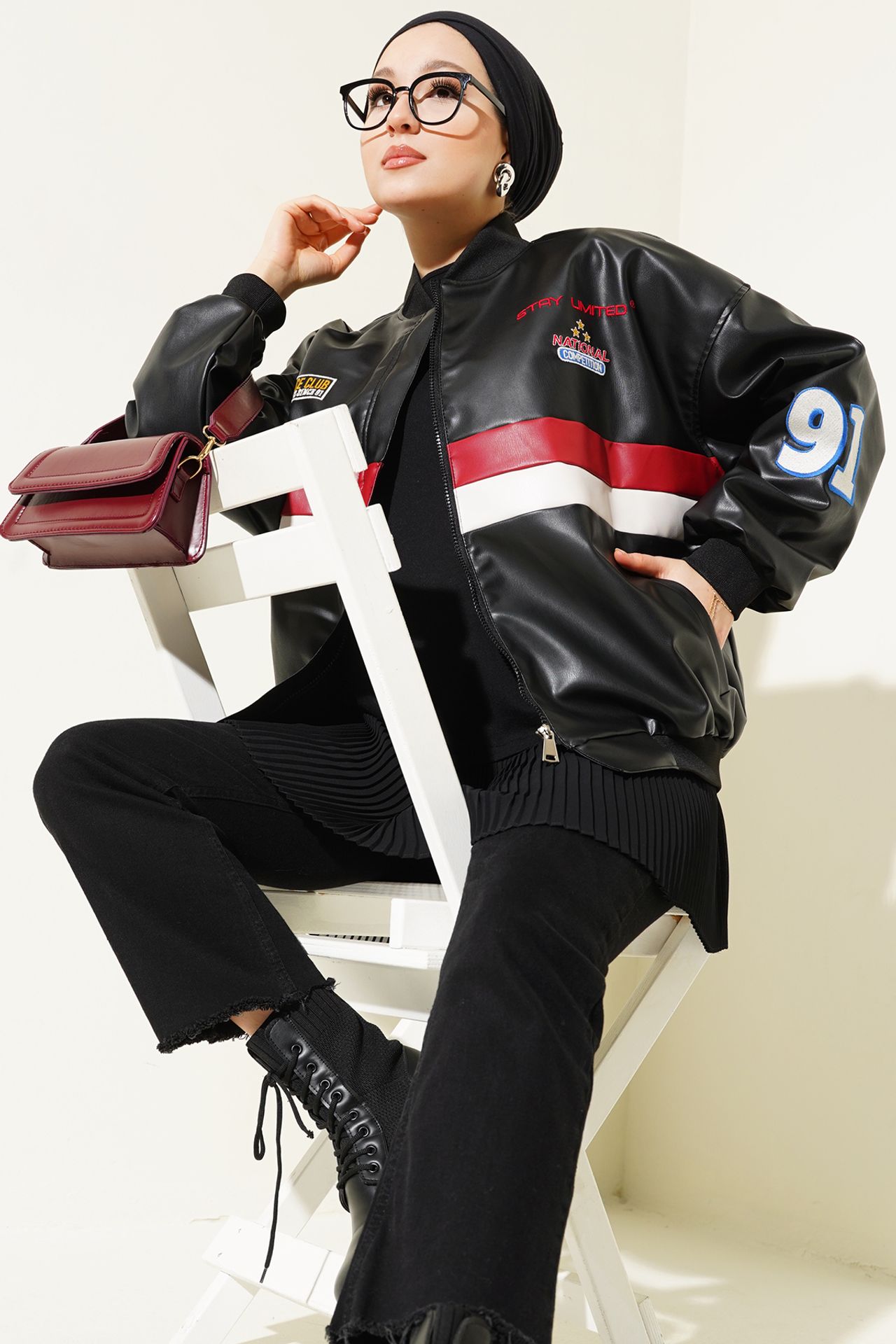 BDART Color Blocked Faux Leather Oversized Bomber Jacket 1