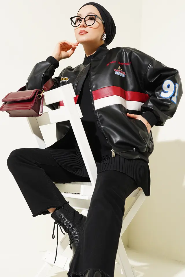 BDART Color Blocked Faux Leather Oversized Bomber Jacket