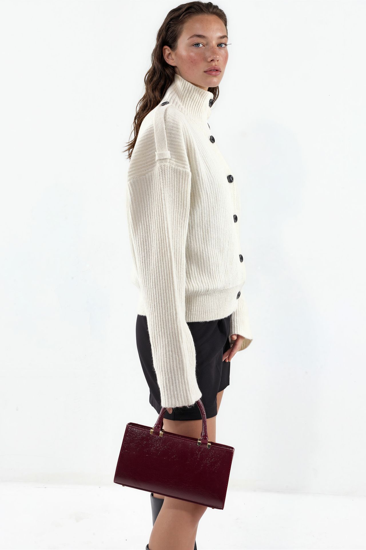 VIORNA Ribbed Half-Turtleneck Button Cardigan 2