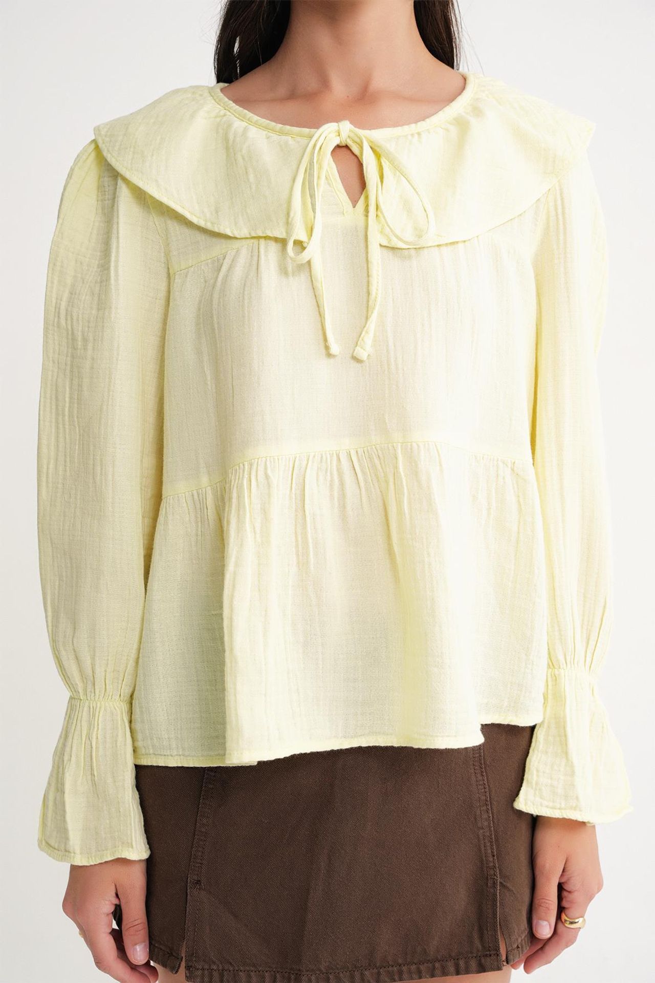 Mixray Frilly Shawl Collar Blouse with Tie Closure 5