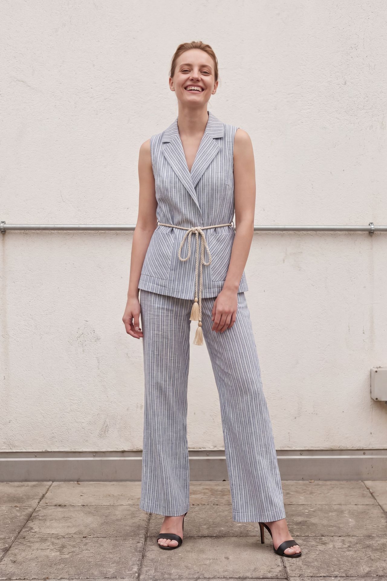 MY FASHION Striped Shawl-Collar Vest and Wide-Leg Trousers Set 3
