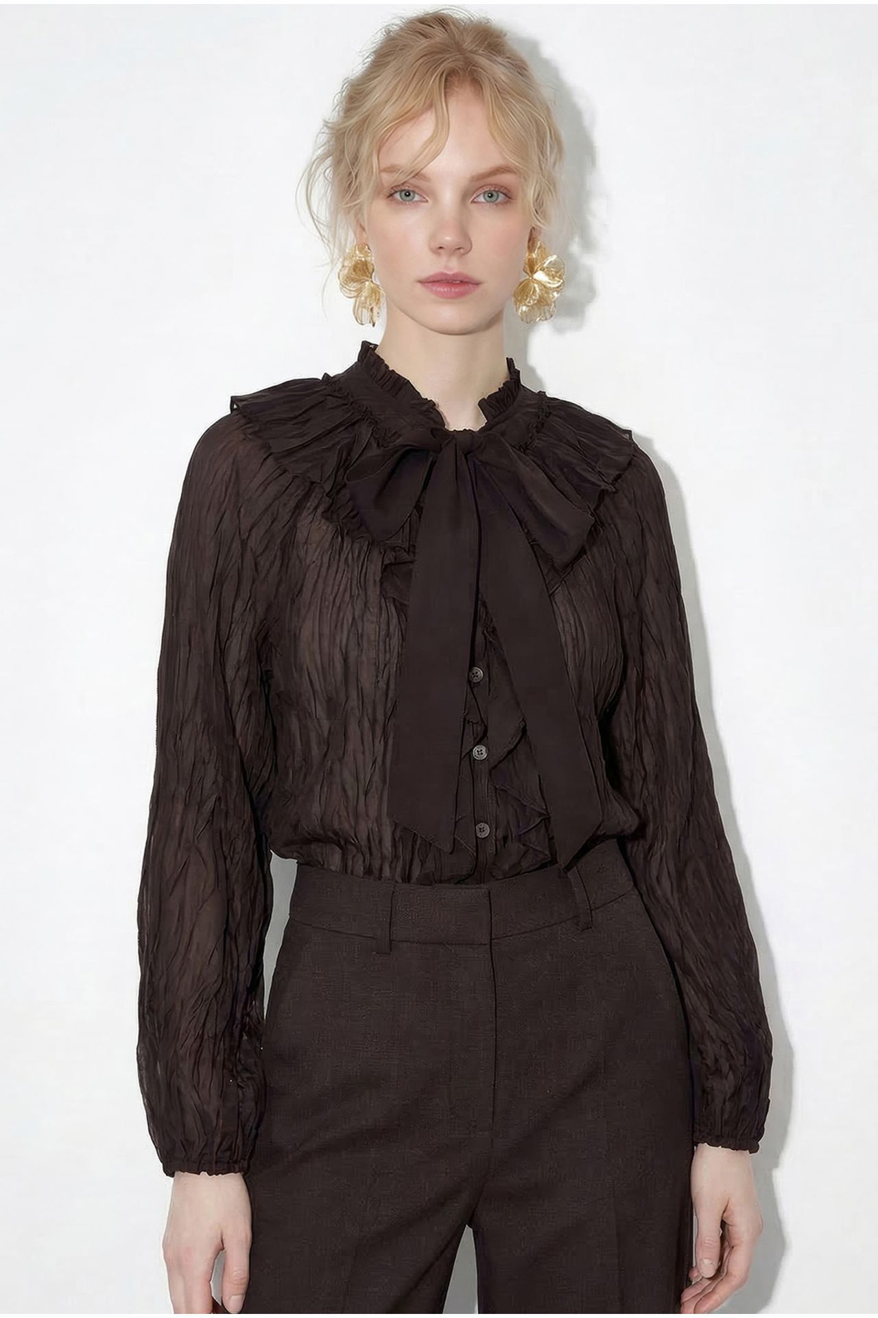 LUCCI Button-Up Crepe Blouse with Bow Detail 6