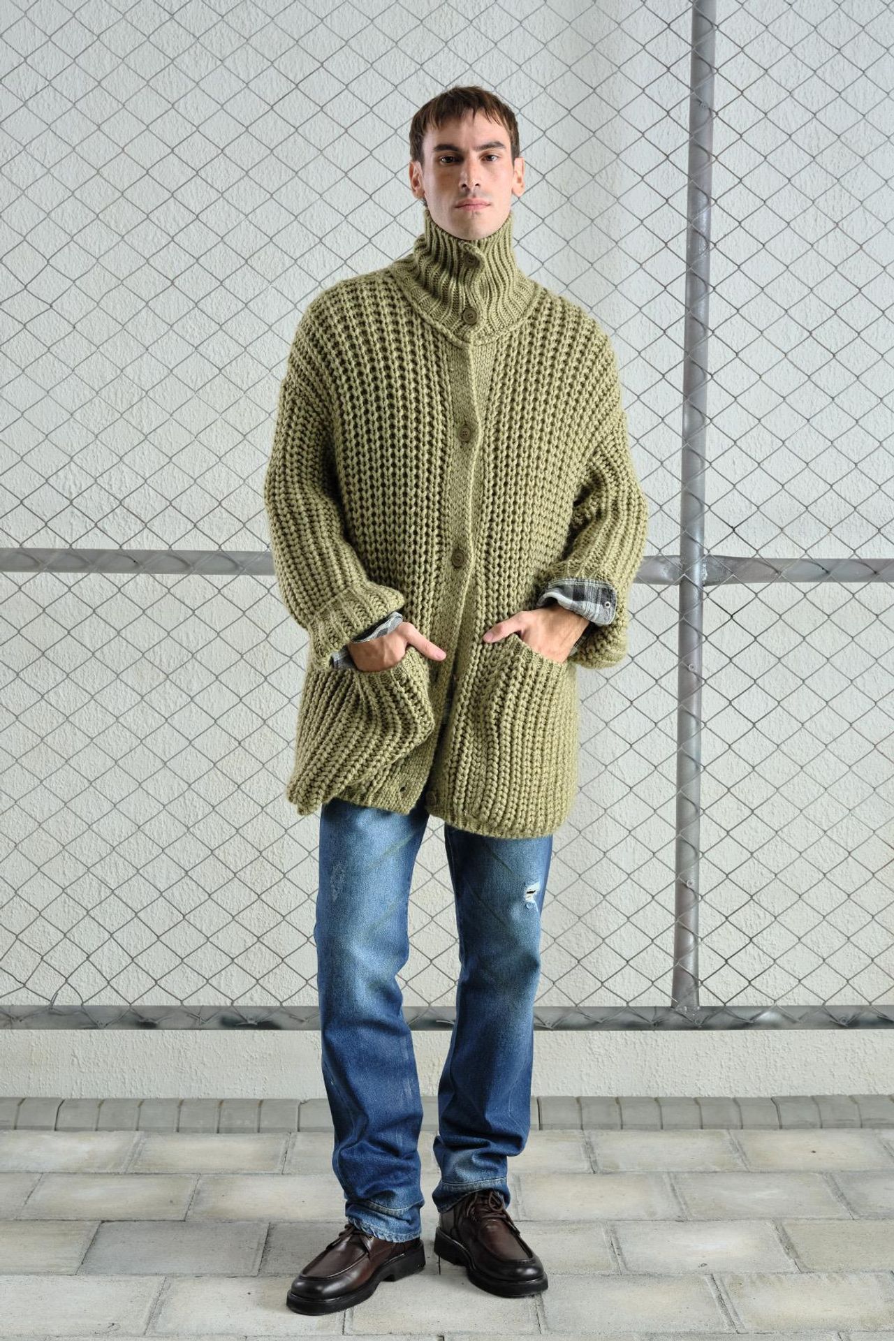 GIESTO Oversized Ribbed Knitwear Cardigan with Half Turtleneck 1