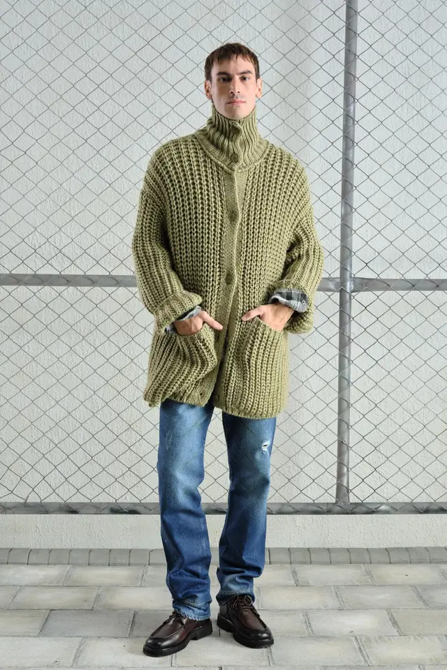 GIESTO Oversized Ribbed Knitwear Cardigan with Half Turtleneck