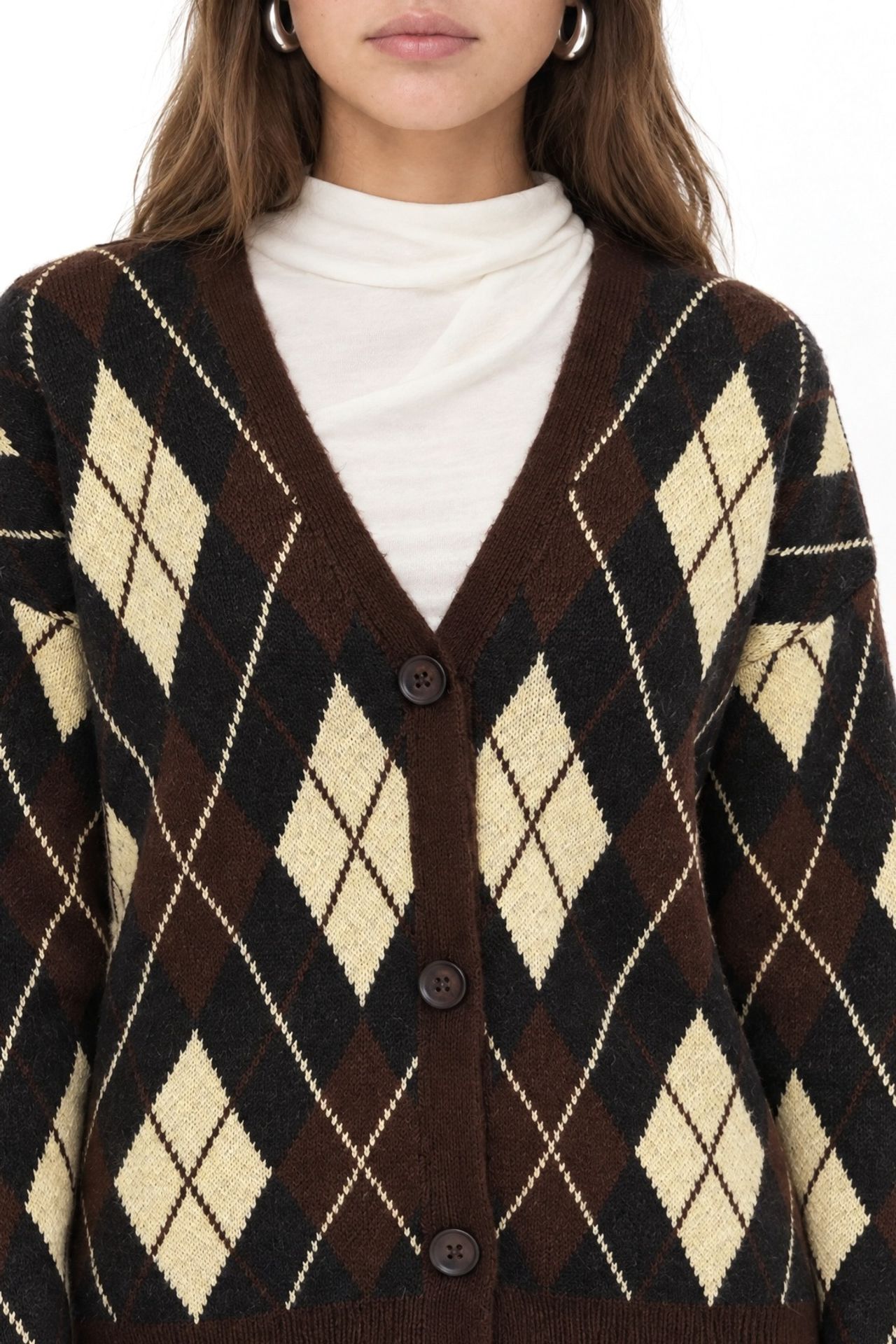 Mixray Oversize Argyle V-Neck Buttoned Cardigan 4