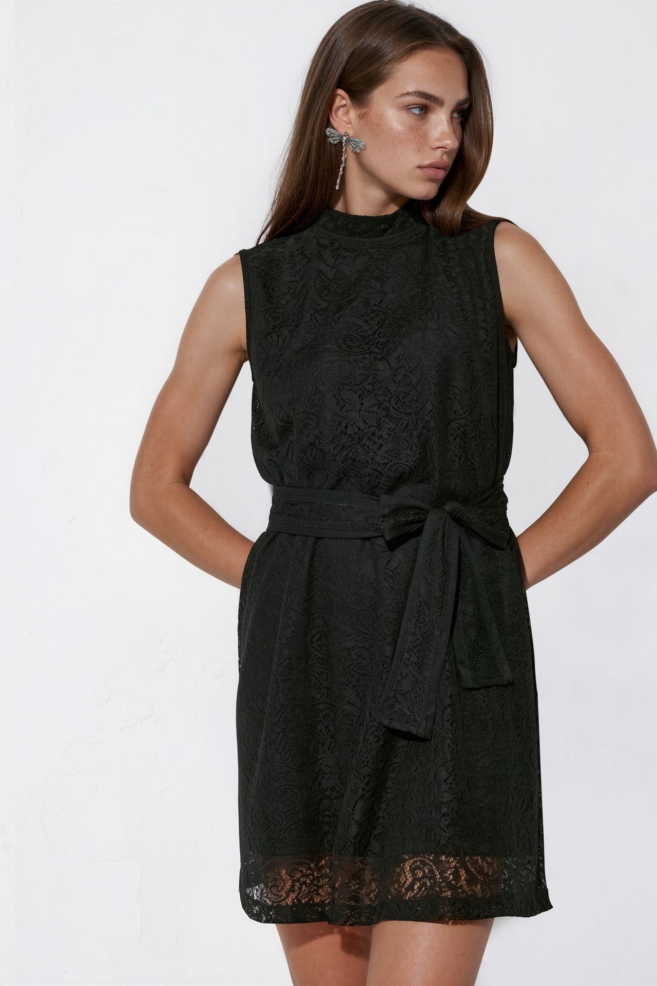 MSN Belted Strapless Lace Mini Dress