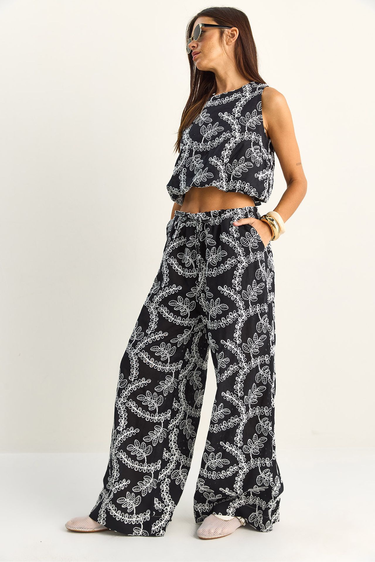 LUCCI Paisley Cotton Blouse And Wide-leg Trousers Set 4