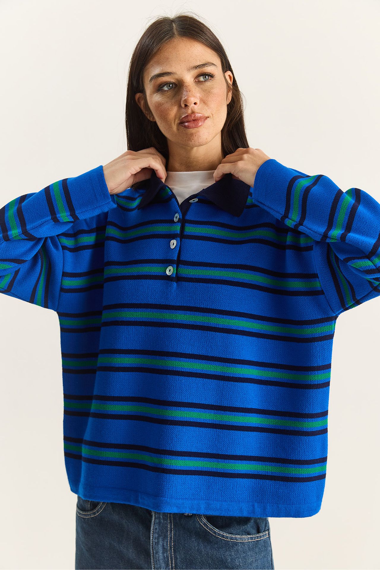 LUCCI Striped Polo Collar Button Sweater 5