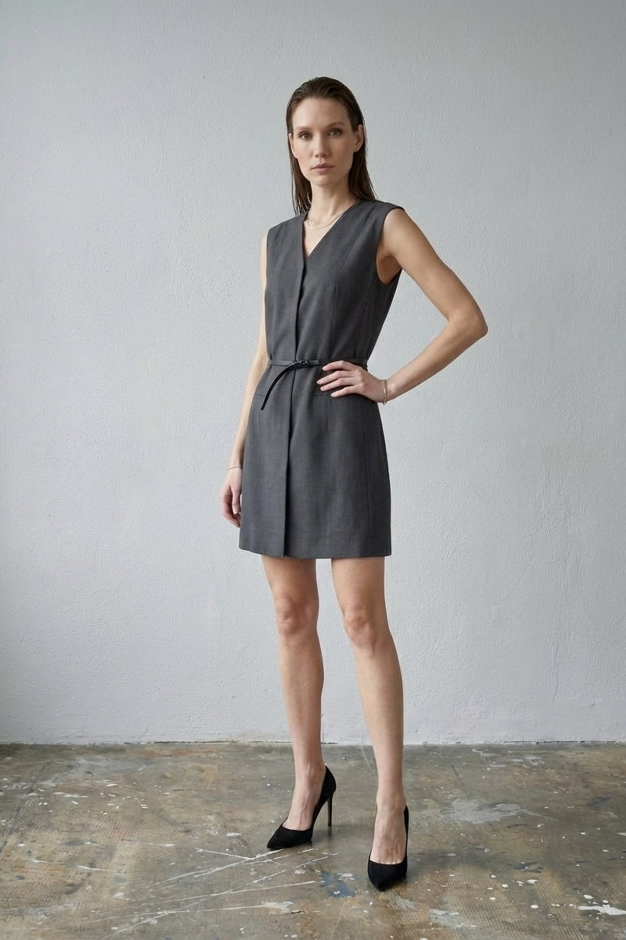 MY FASHION Belted V-Neck Sleeveless Mini Shift Dress 4