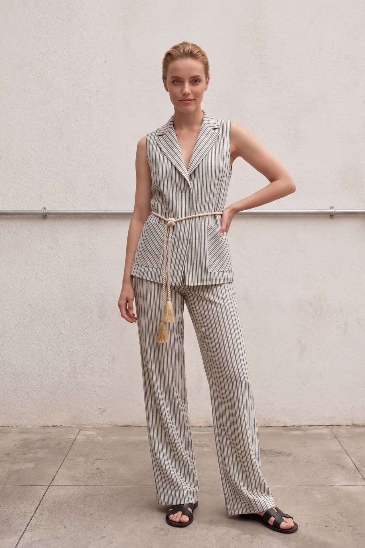 MY FASHION Striped Shawl-Collar Vest and Wide-Leg Trousers Set 2