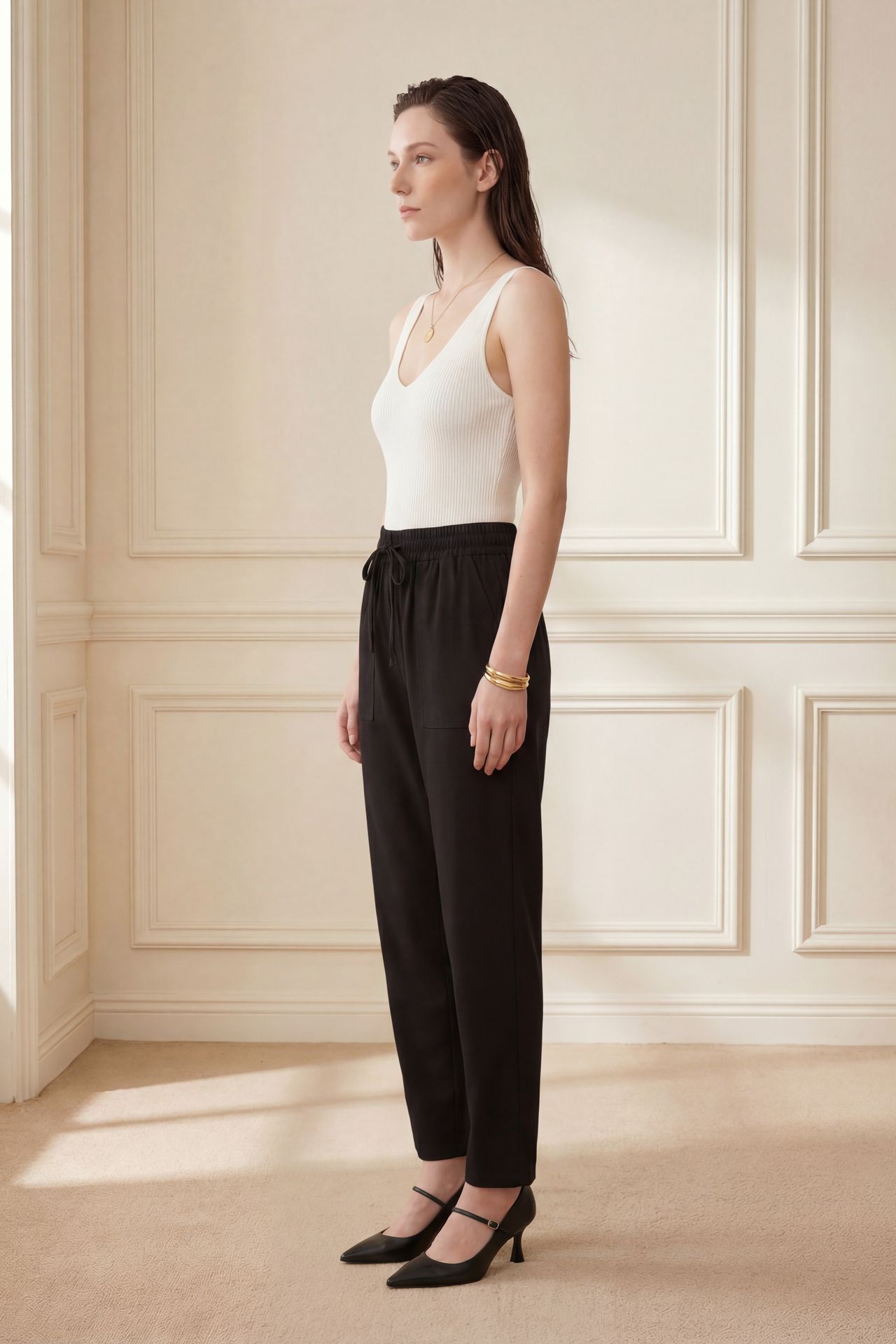 MY FASHION Ankle Length Solid Gabardine Pants with Drawstring Waist 4