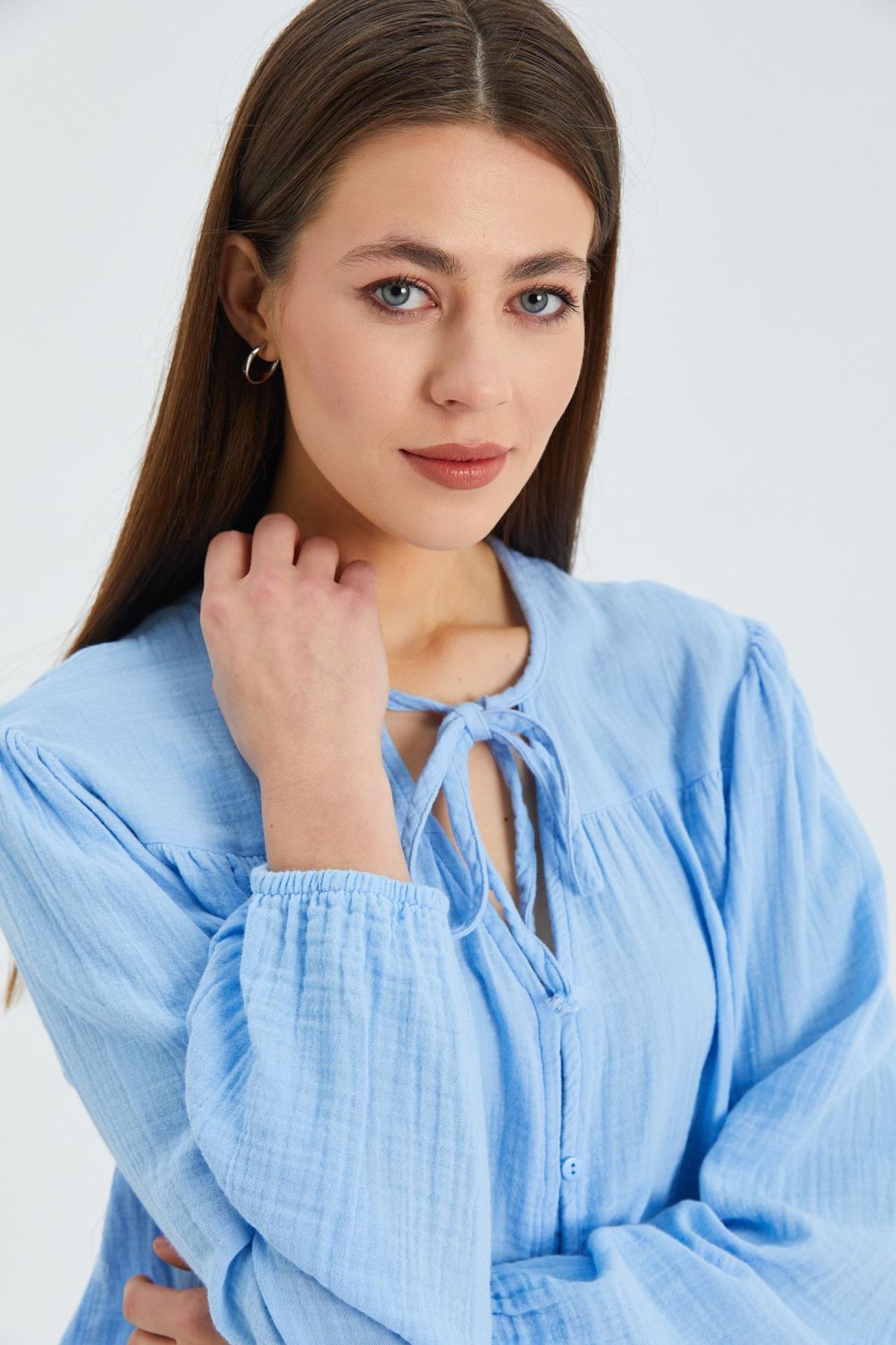 Mixray Long Sleeve Relaxed Fit Blouse with Tie-Neck 5