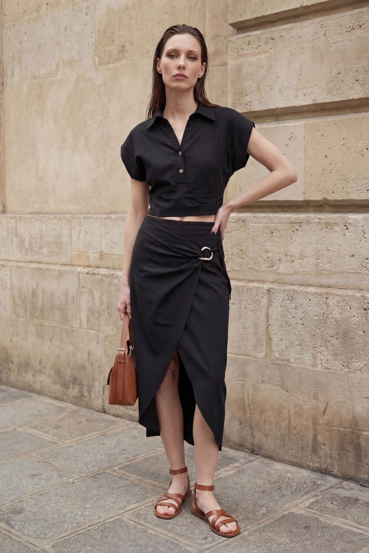 MY FASHION Linen Blend Crop Blouse & Accessory Detailed Midi Skirt Two-Piece Set 5