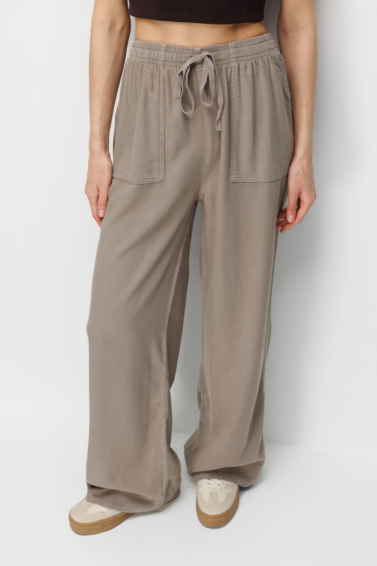 MIXRAY Mid Waist Straight Leg Cotton Pants with Tie Closure 2