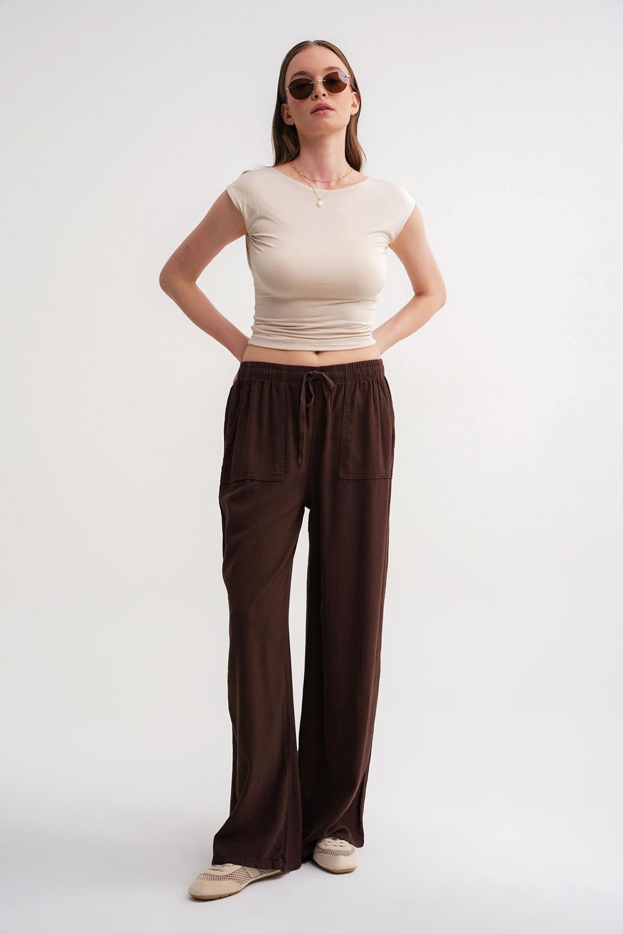 MIXRAY Mid Waist Straight Leg Cotton Pants with Tie Closure 3
