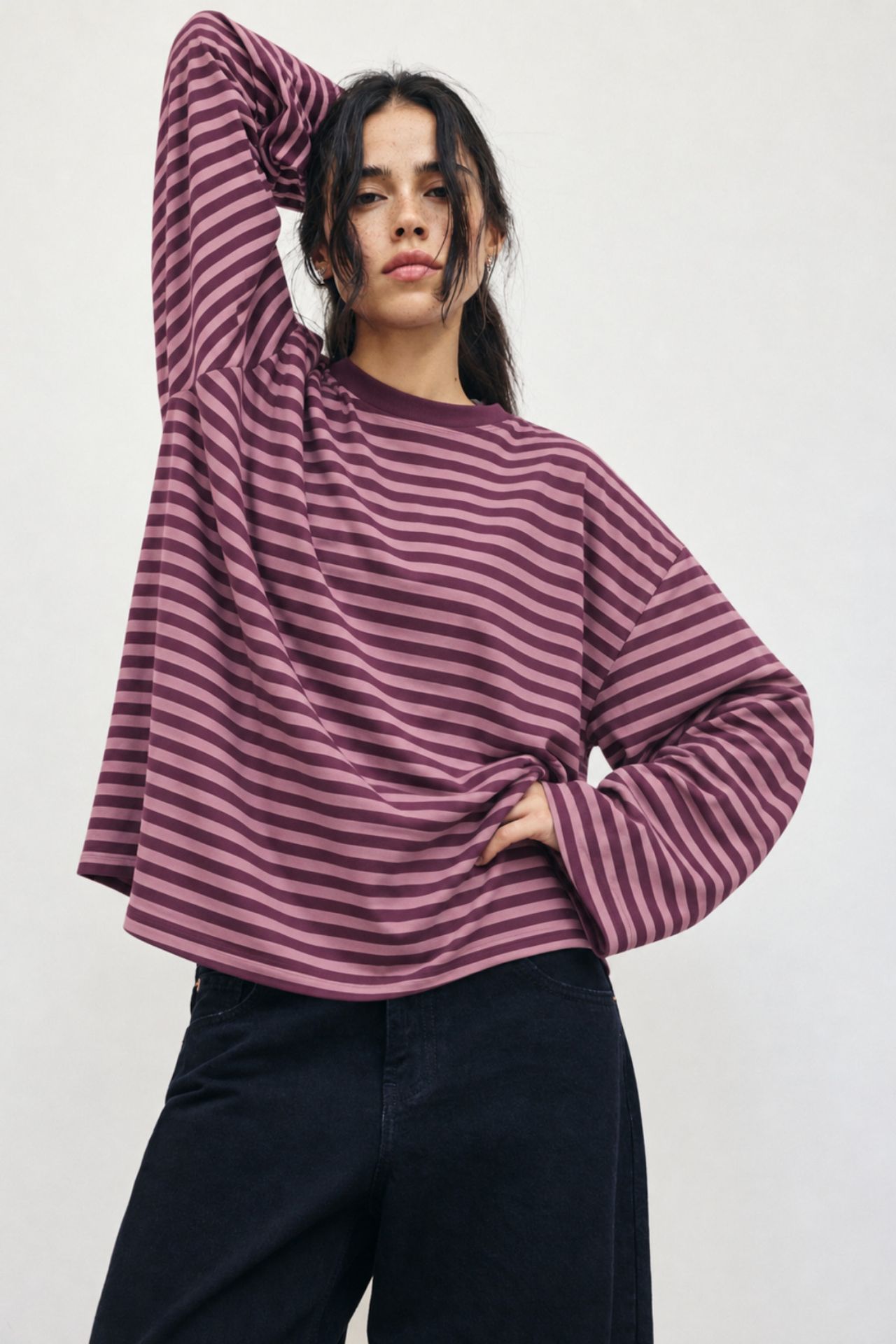 BIPANTOLON Kadın Oversize Çizgili Bisiklet Yaka Sweatshirt 1