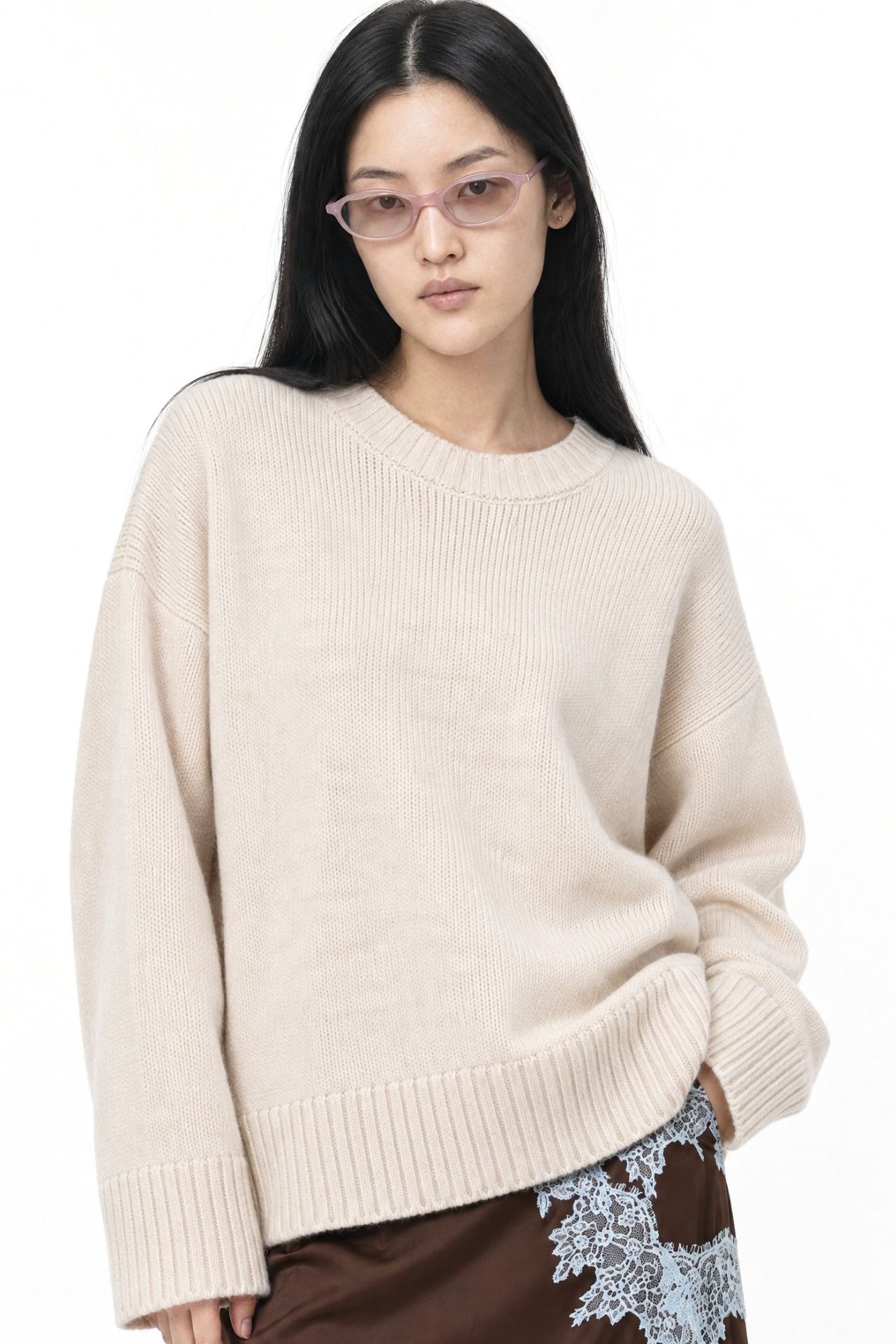 Mixray Oversized Ribbed Knit Sweater with Crew Neck 1