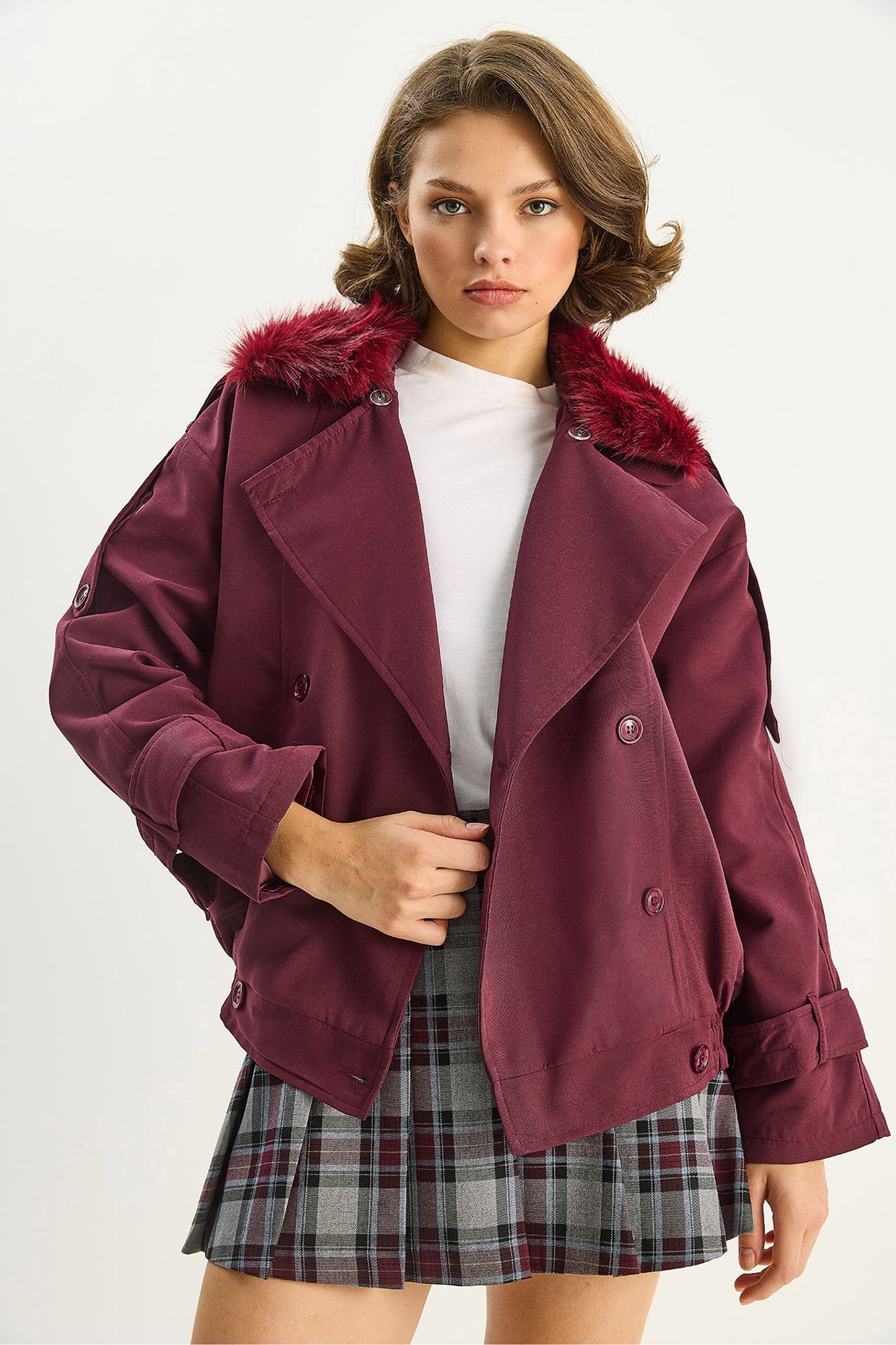 LUCCI Trench Coat with Faux Fur Collar 2