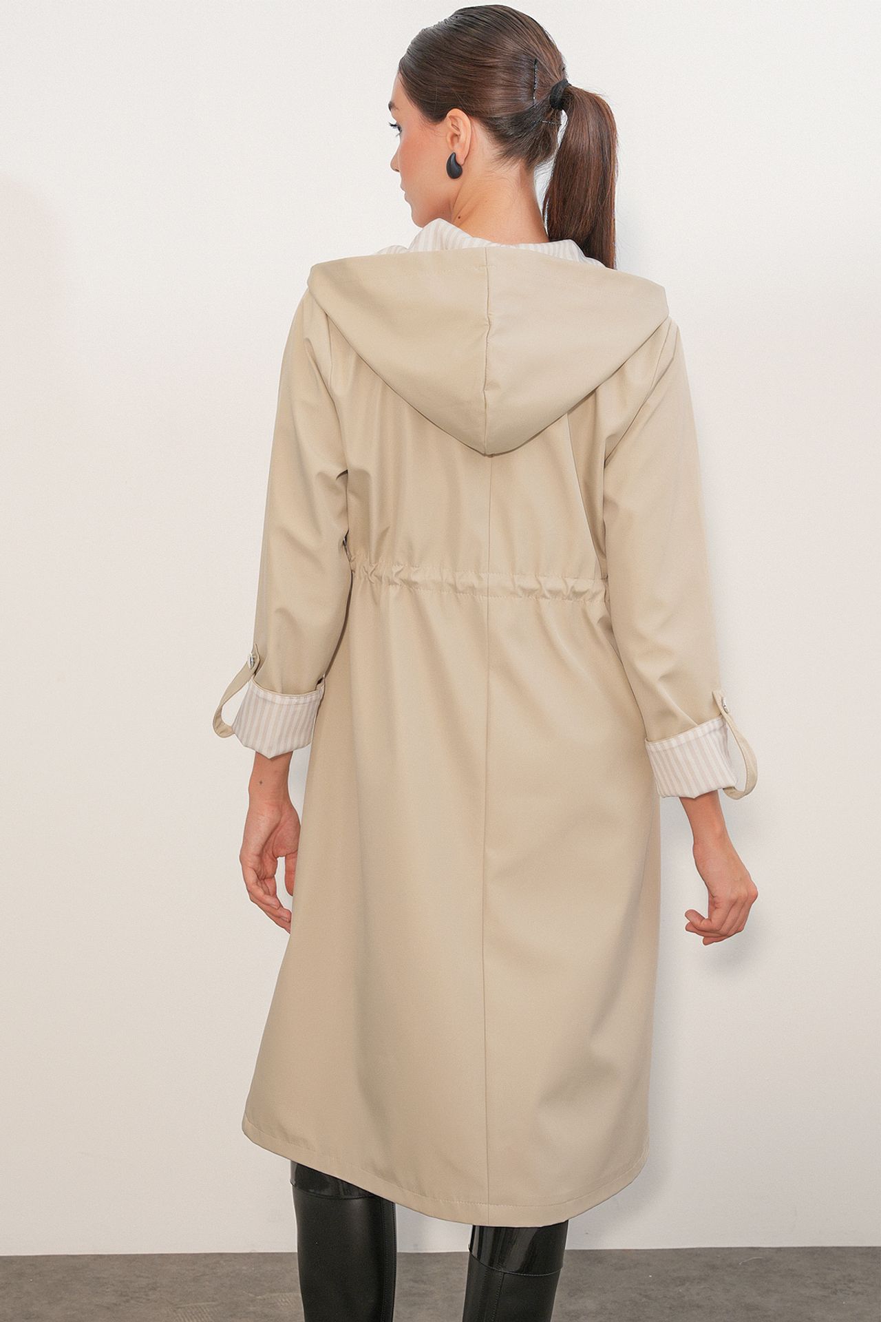 BDART Hooded Long Striped Trench Coat with Drawstring Waist 6