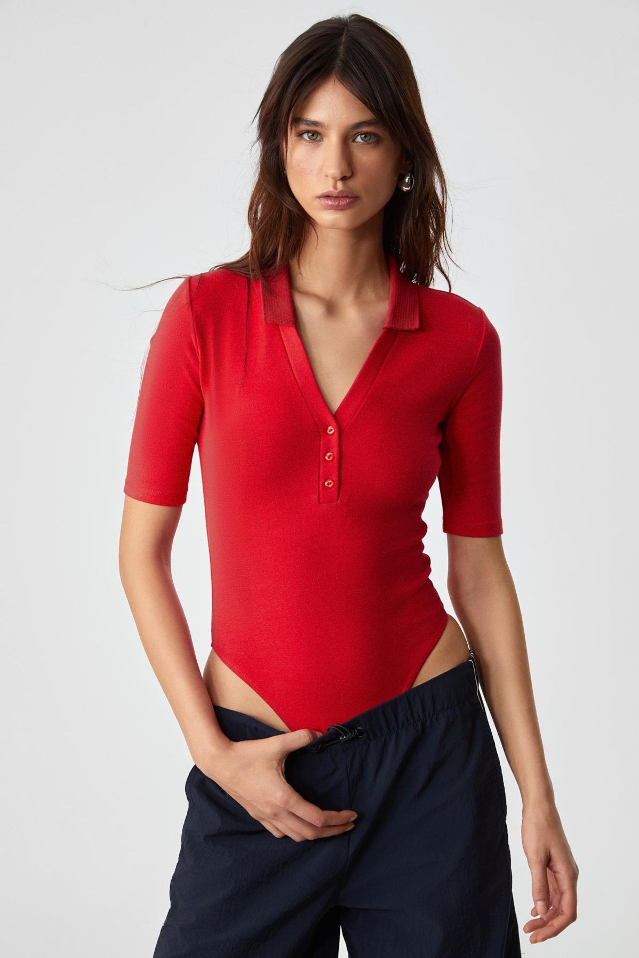 GRIMELANGE Slim Fit Ribbed Polo Blouse 1