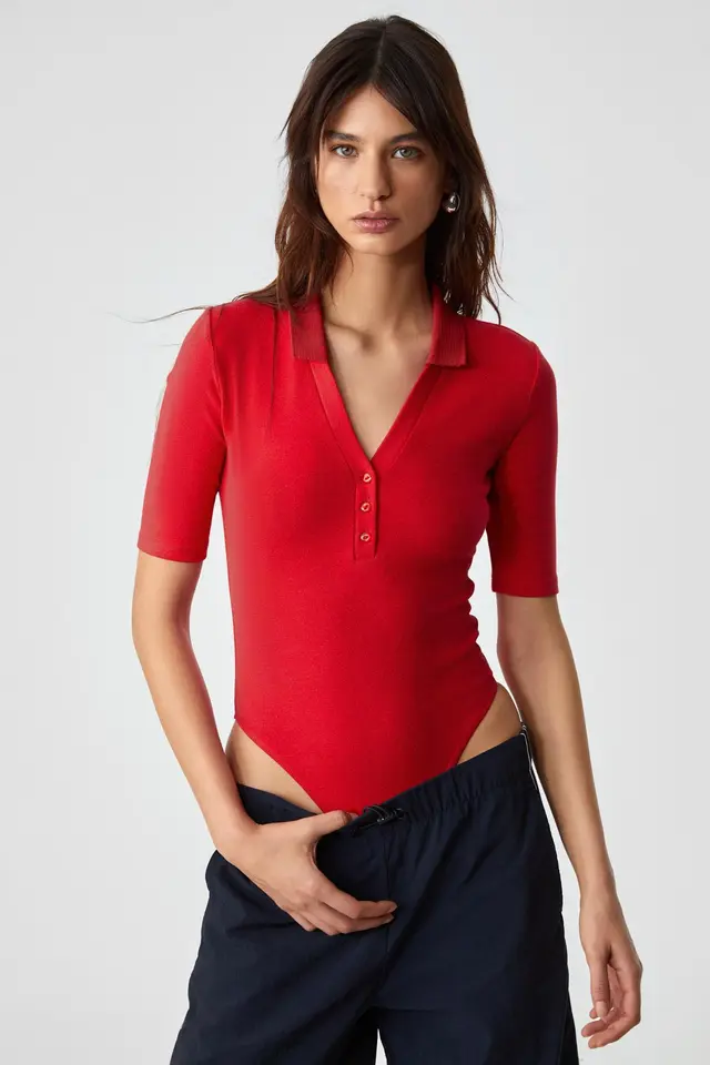 GRIMELANGE Slim Fit Ribbed Polo Blouse