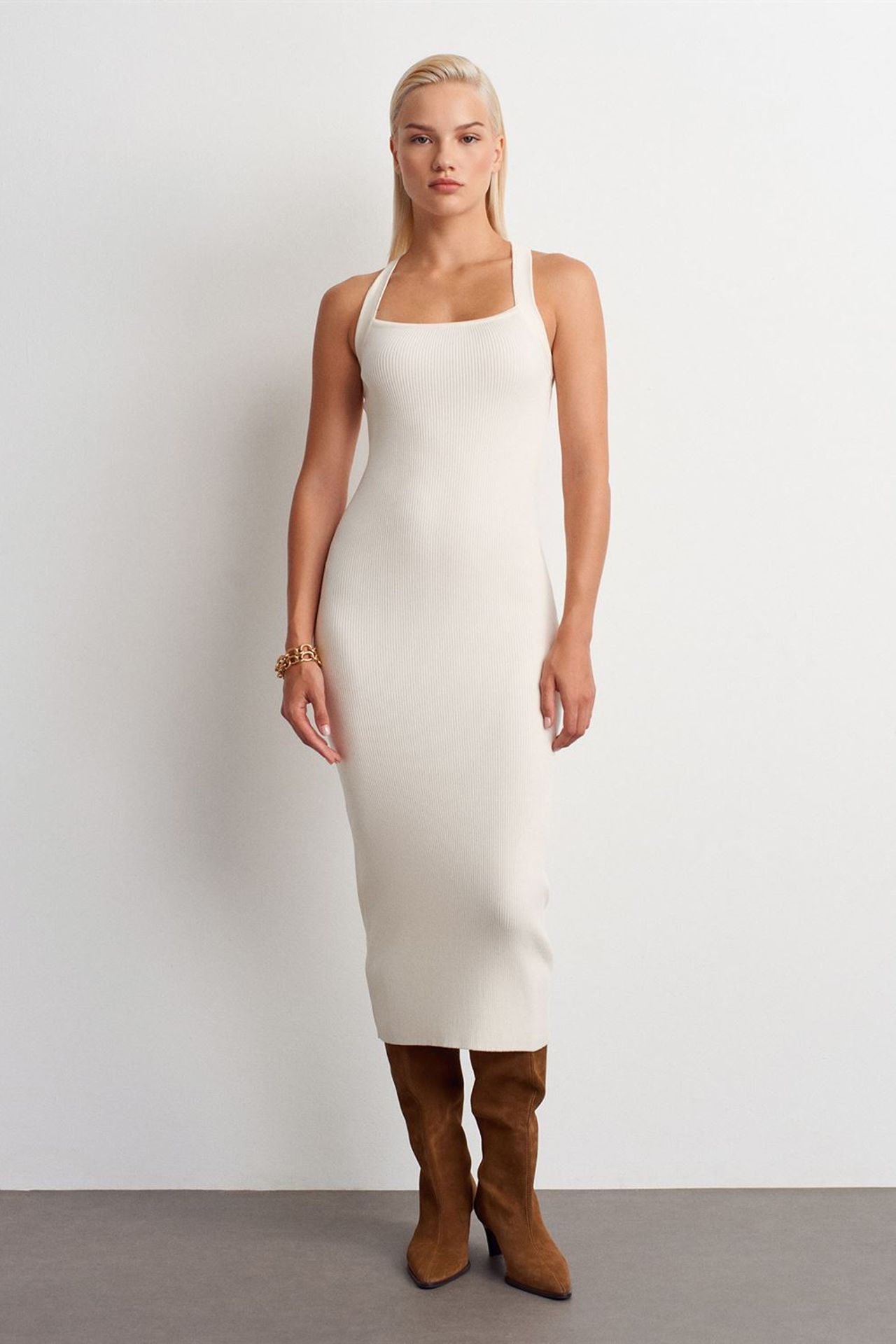 DILVIN Ribbed Halter Midi Bodycon Dress 1