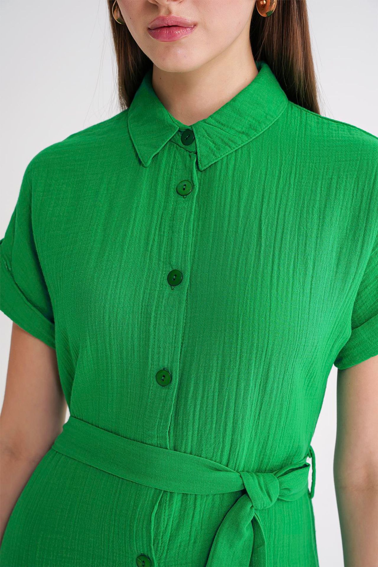 Mixray Relaxed Fit Midi Dress with Shirt Collar and Buttons 13