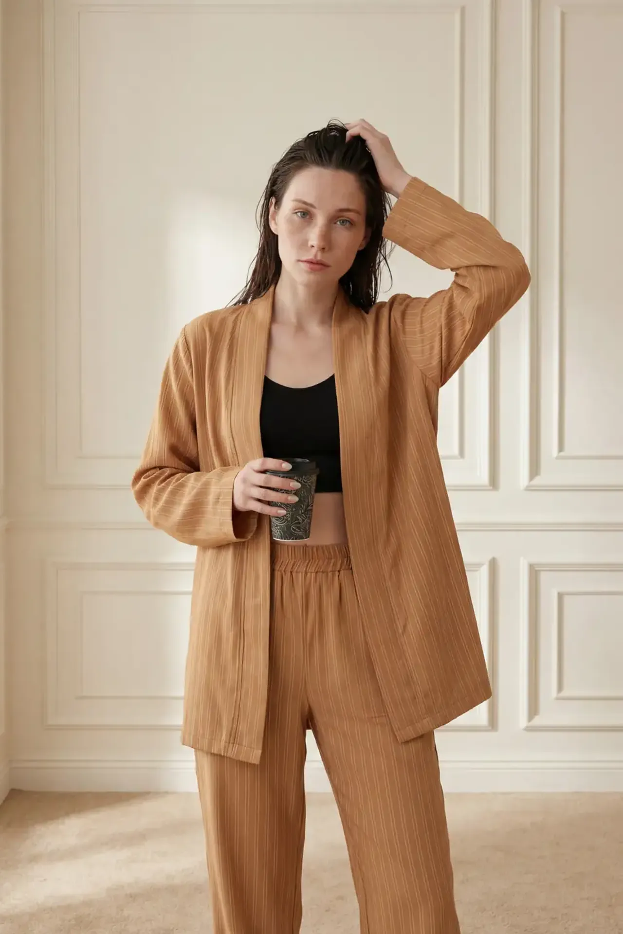 MY FASHION Striped Two-Piece Co-Ord Set with Open Collar 2