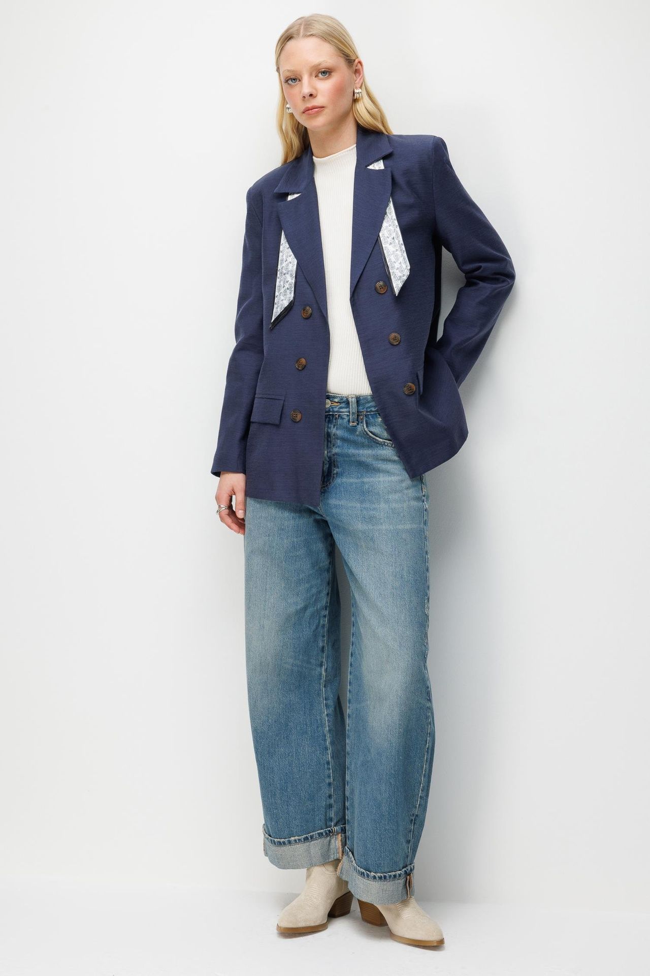 MIXRAY Linen Blazer Jacket with Scarf Detail 2