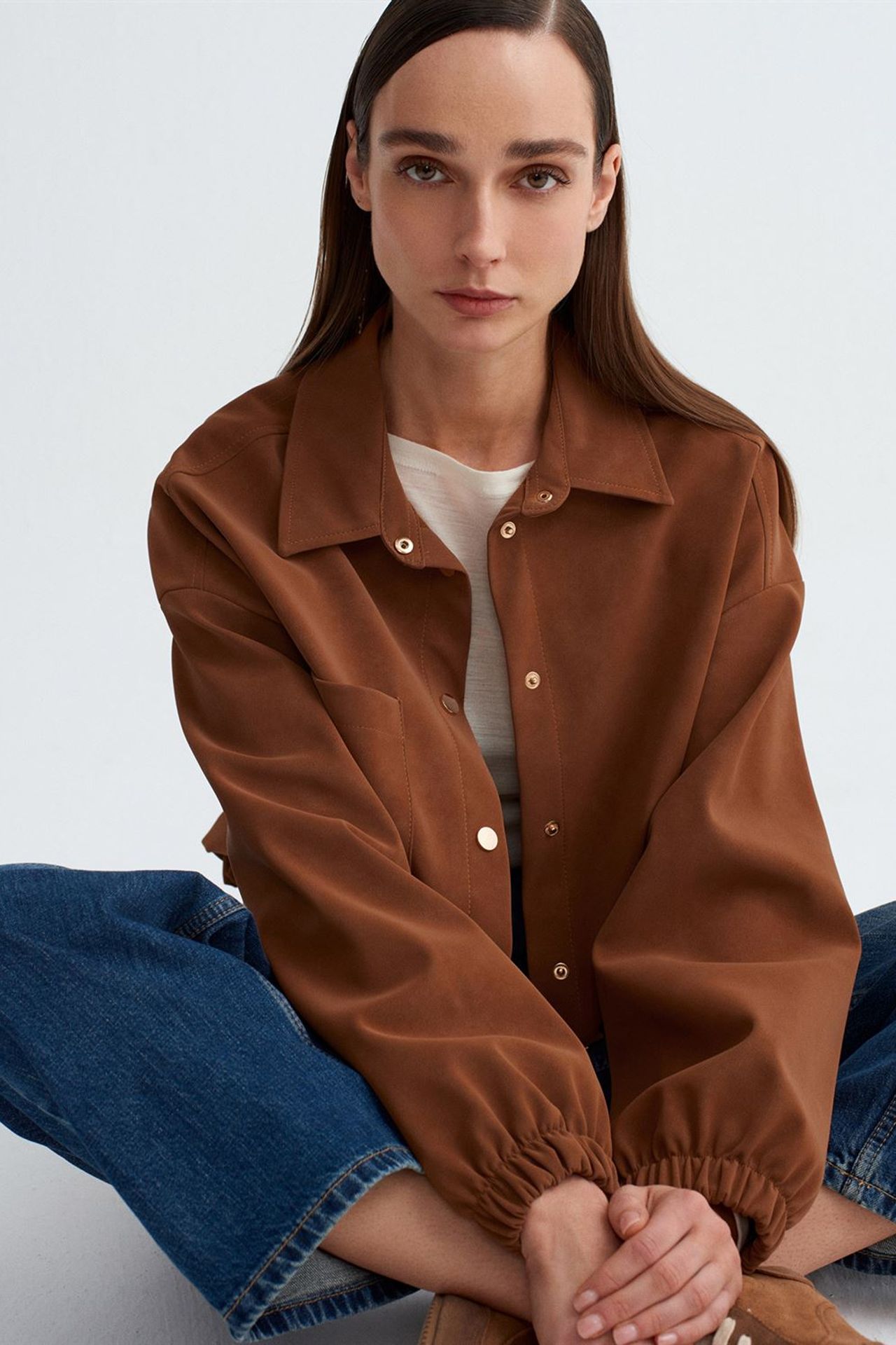 DILVIN Oversized Crop Faux Suede Bomber Jacket